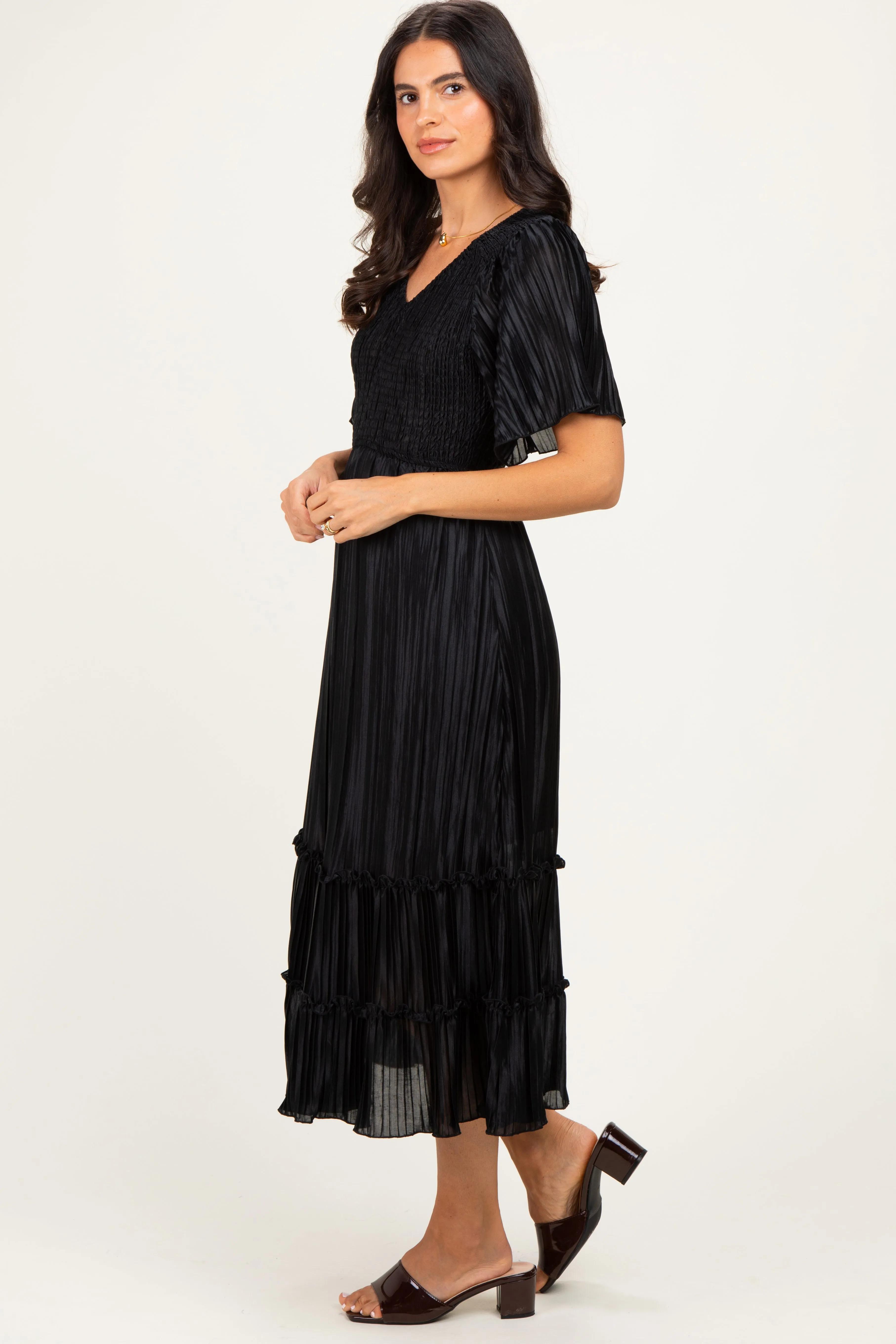 Black Pleated Satin Smocked Midi Dress sold by Pinkblush product image thumbnail 2