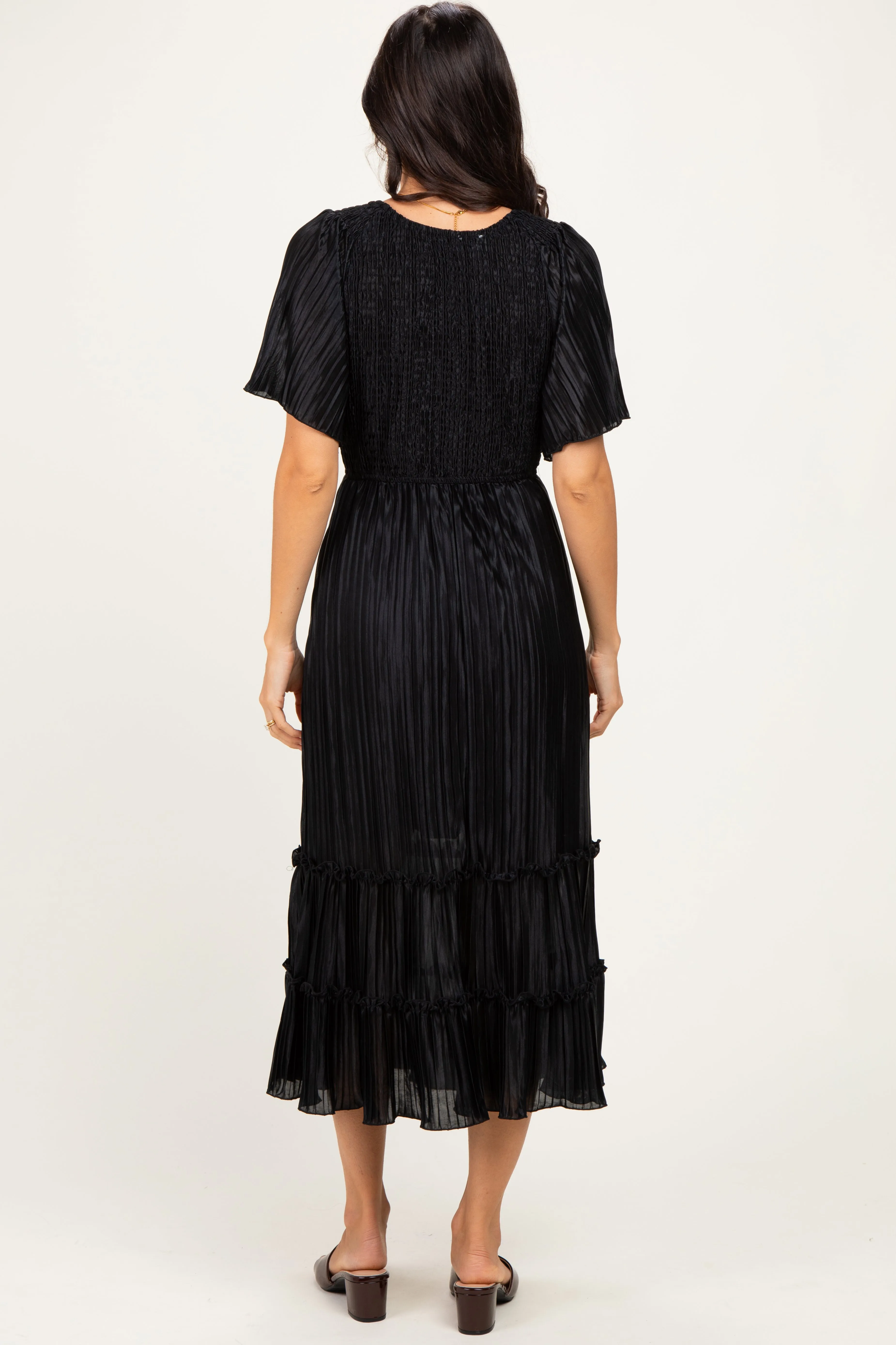 Black Pleated Satin Smocked Midi Dress sold by Pinkblush product image thumbnail 3