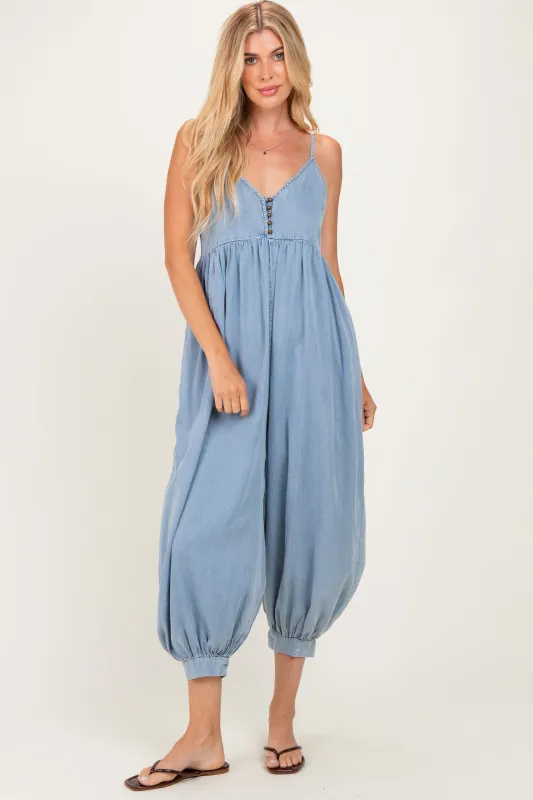 Denim Blue Sleeveless Button Down Jumpsuit made by Pinkblush