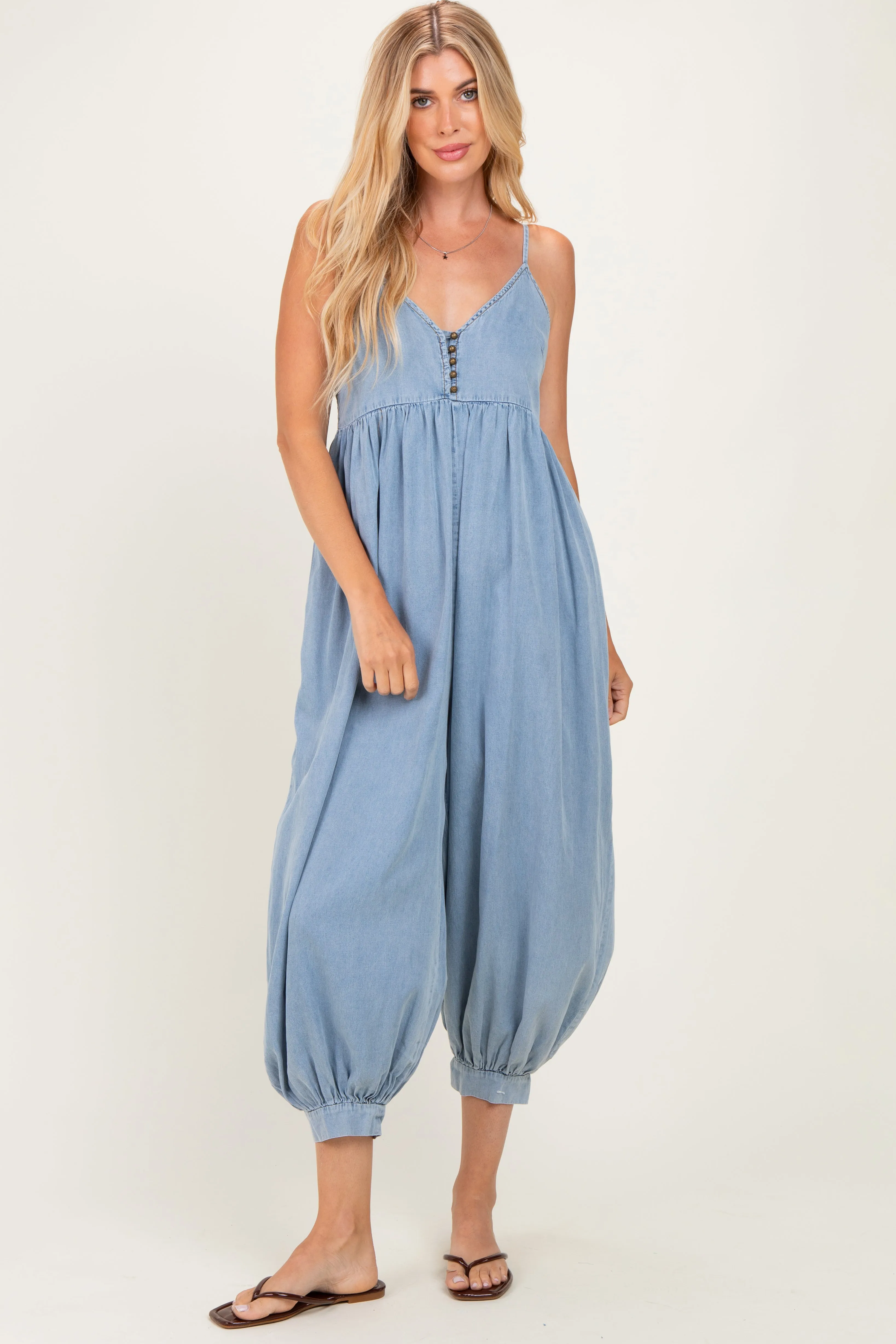 Denim Blue Sleeveless Button Down Jumpsuit sold by Pinkblush