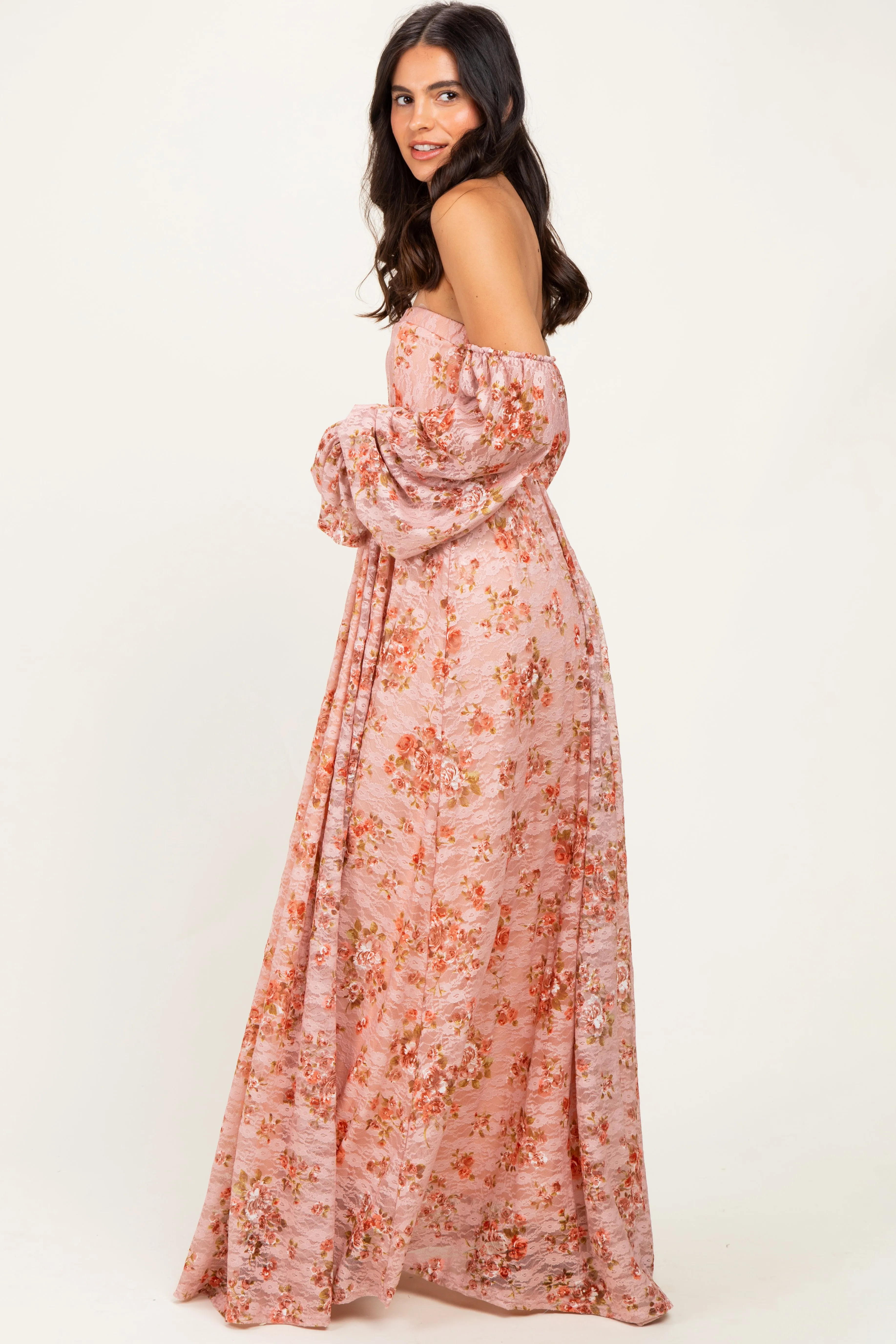 Peach Off Shoulder Long Sleeve Maxi Dress sold by Pinkblush product image thumbnail 2