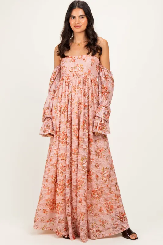 Peach Off Shoulder Long Sleeve Maxi Dress made by Pinkblush