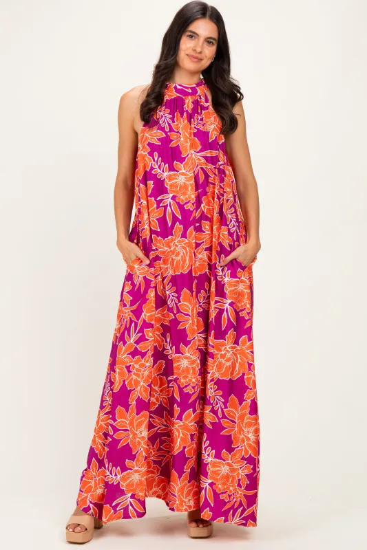 Plum Floral Halter Maxi Dress made by entro