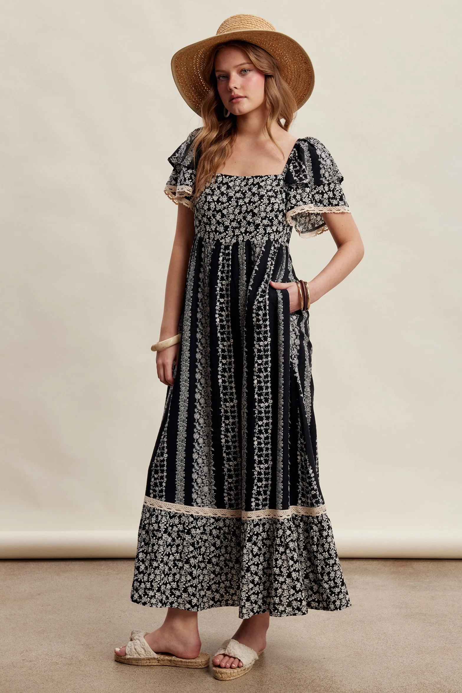 Black Floral Border Print Flutter Sleeve Maxi Dress sold by Pinkblush product image thumbnail 2