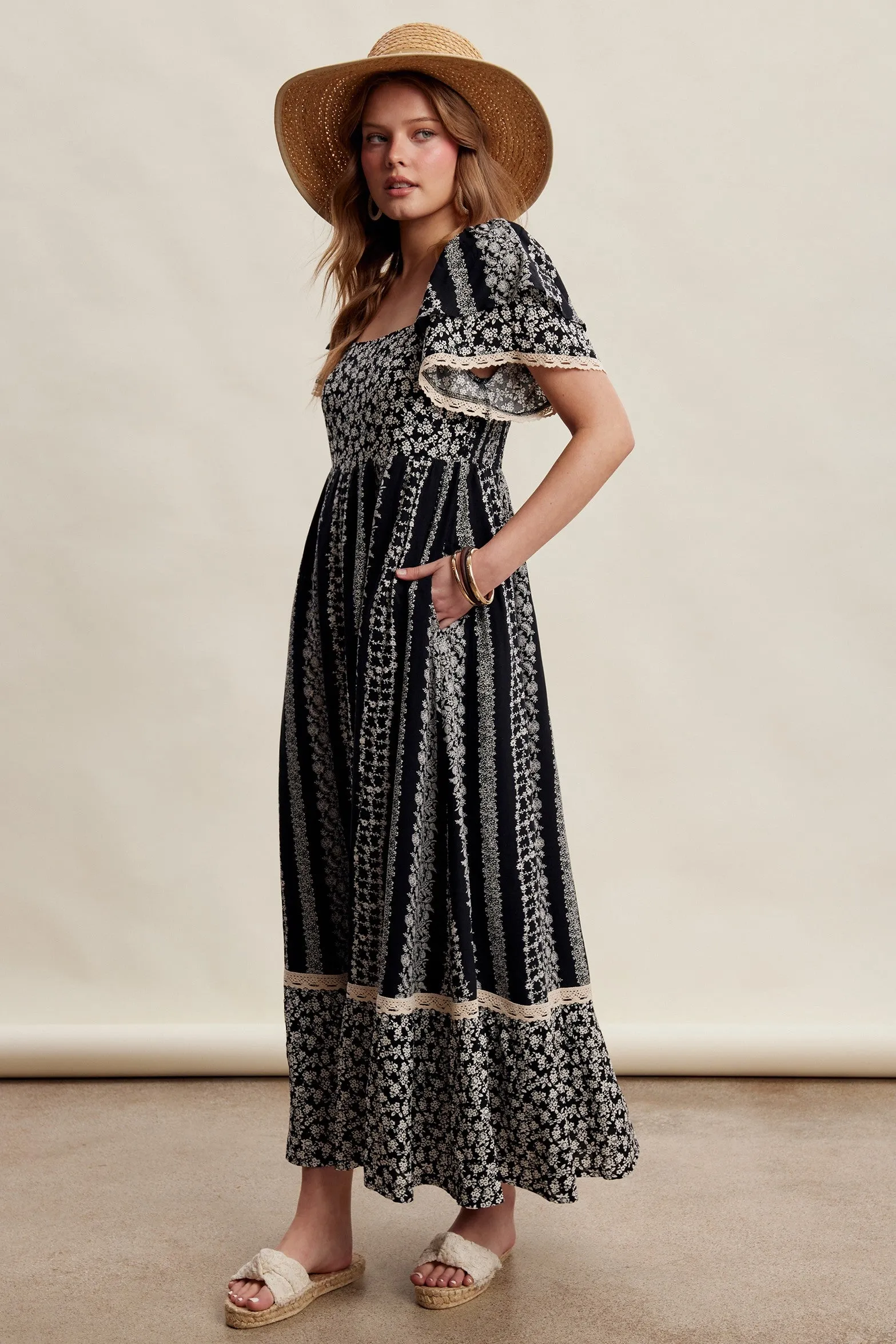 Black Floral Border Print Flutter Sleeve Maxi Dress sold by Pinkblush product image thumbnail 3