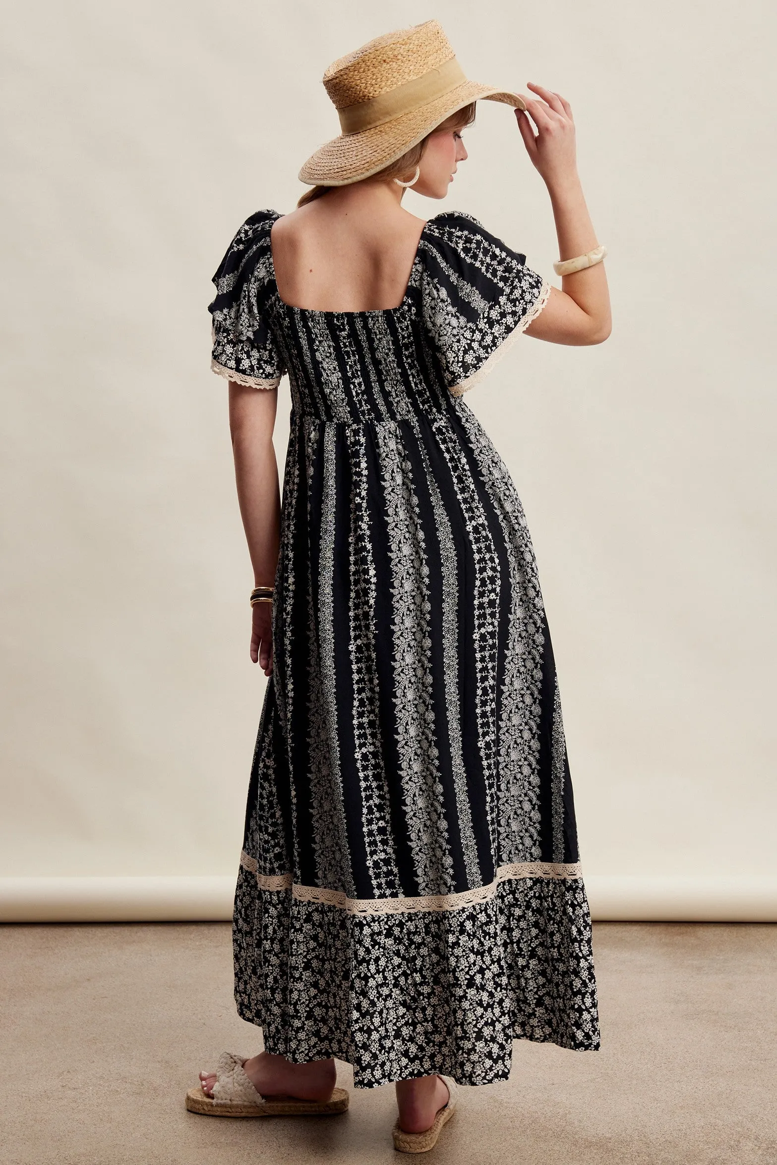 Black Floral Border Print Flutter Sleeve Maxi Dress sold by Pinkblush product image thumbnail 4