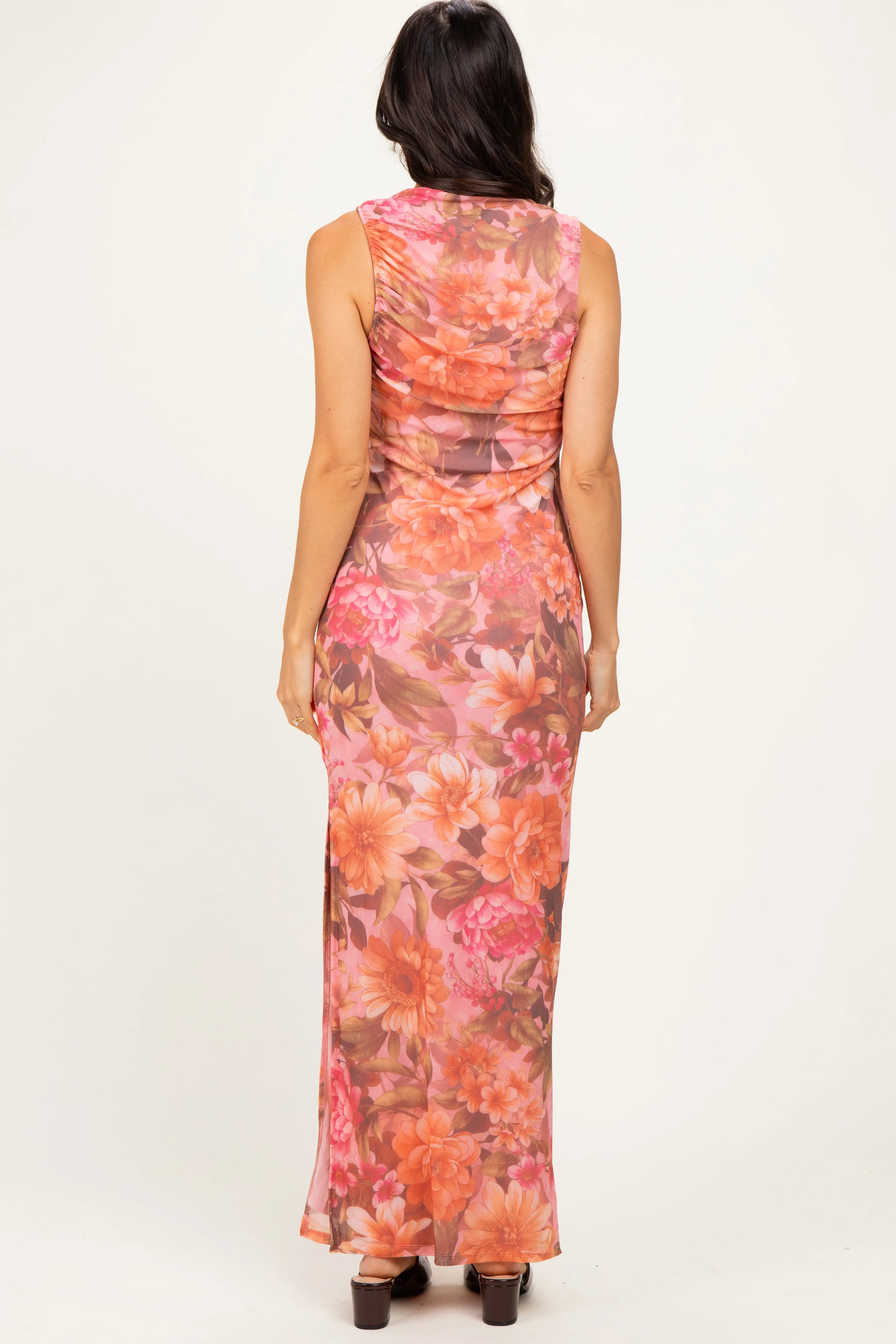 Pink Floral Mesh Ruched Maxi Dress sold by Pinkblush product image thumbnail 4