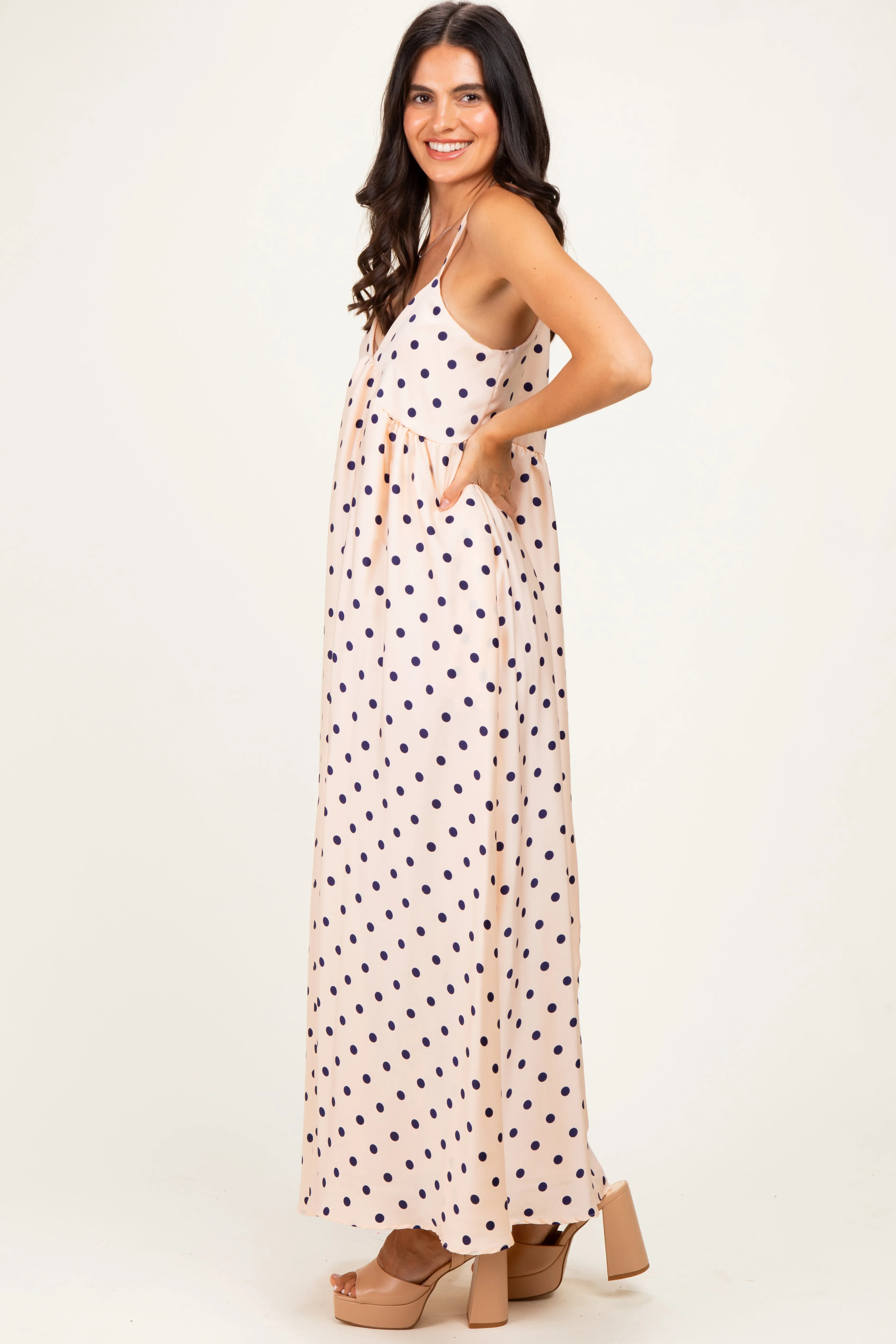 Cream/ Navy Polka Dot Sleeveless Maxi Dress sold by Pinkblush product image thumbnail 2