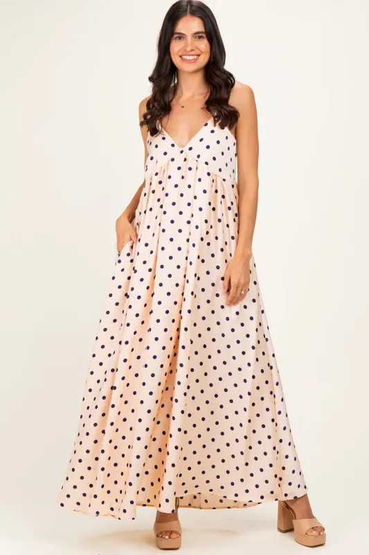 Cream/ Navy Polka Dot Sleeveless Maxi Dress made by Pinkblush