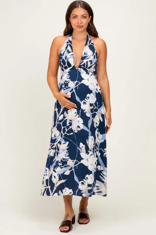 Navy Halter Neck Open Back Maternity Midi Dress made by ILLA ILLA