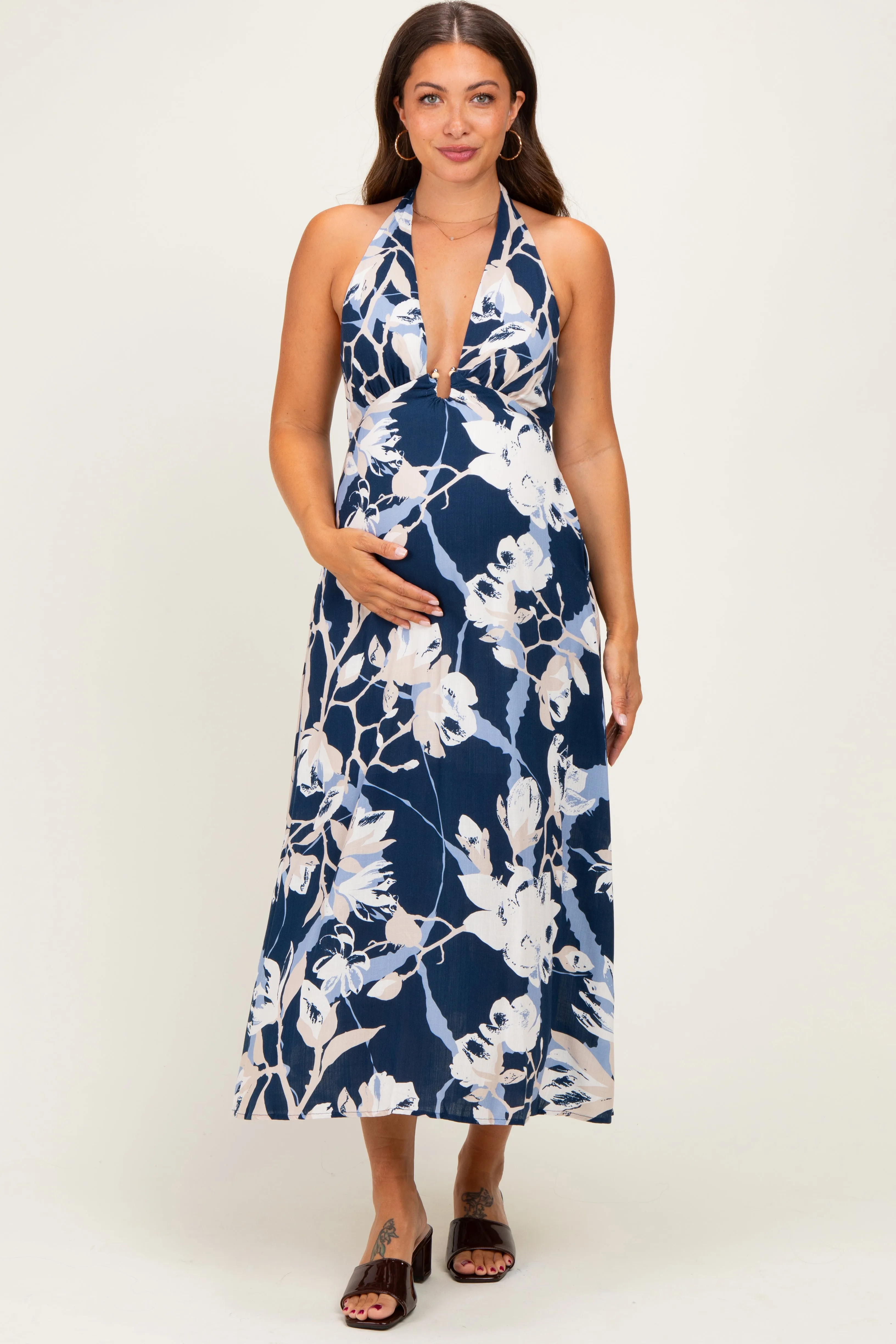 Navy Halter Neck Open Back Maternity Midi Dress sold by Pinkblush