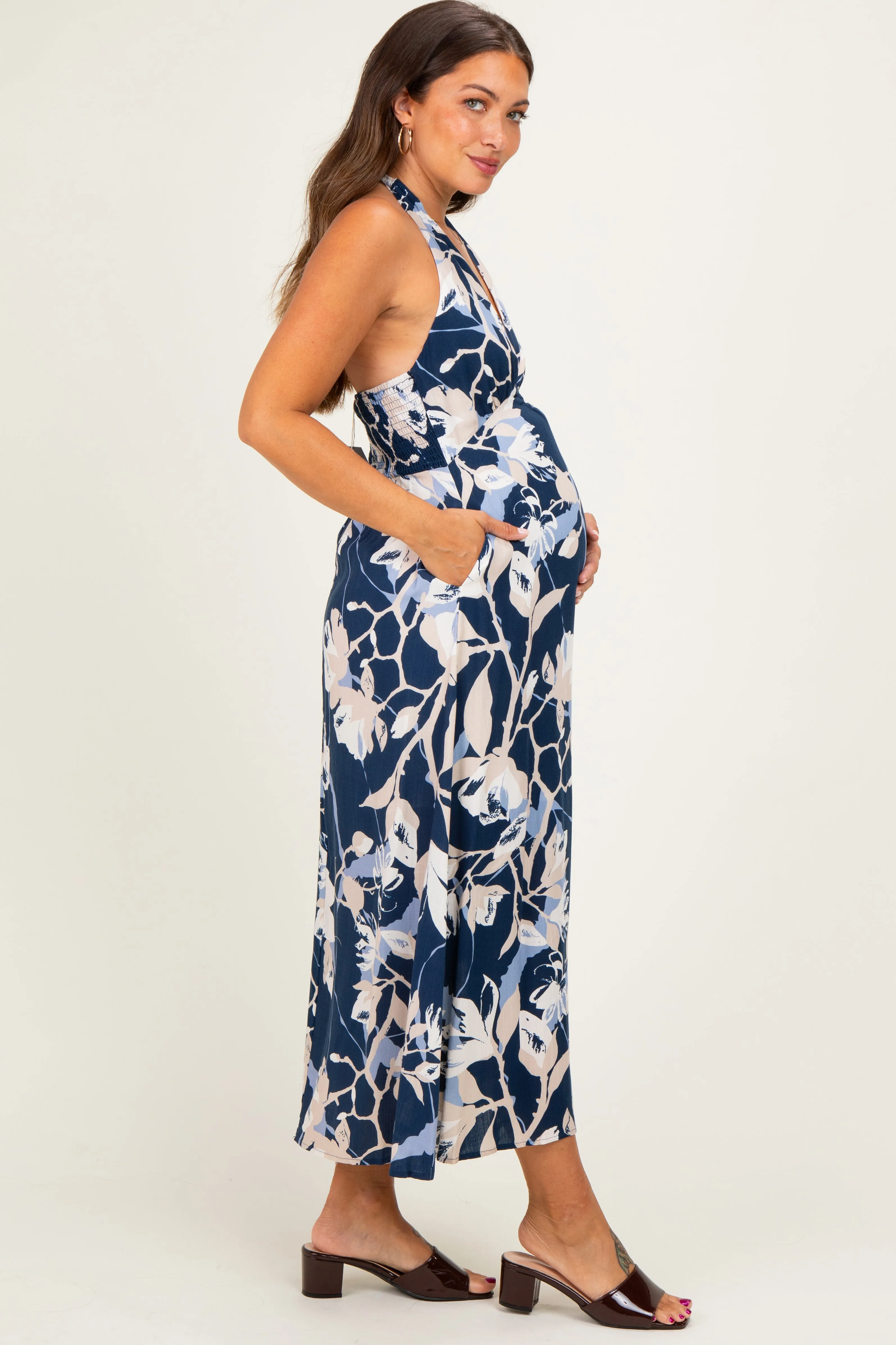 Navy Halter Neck Open Back Maternity Midi Dress sold by Pinkblush product image thumbnail 2