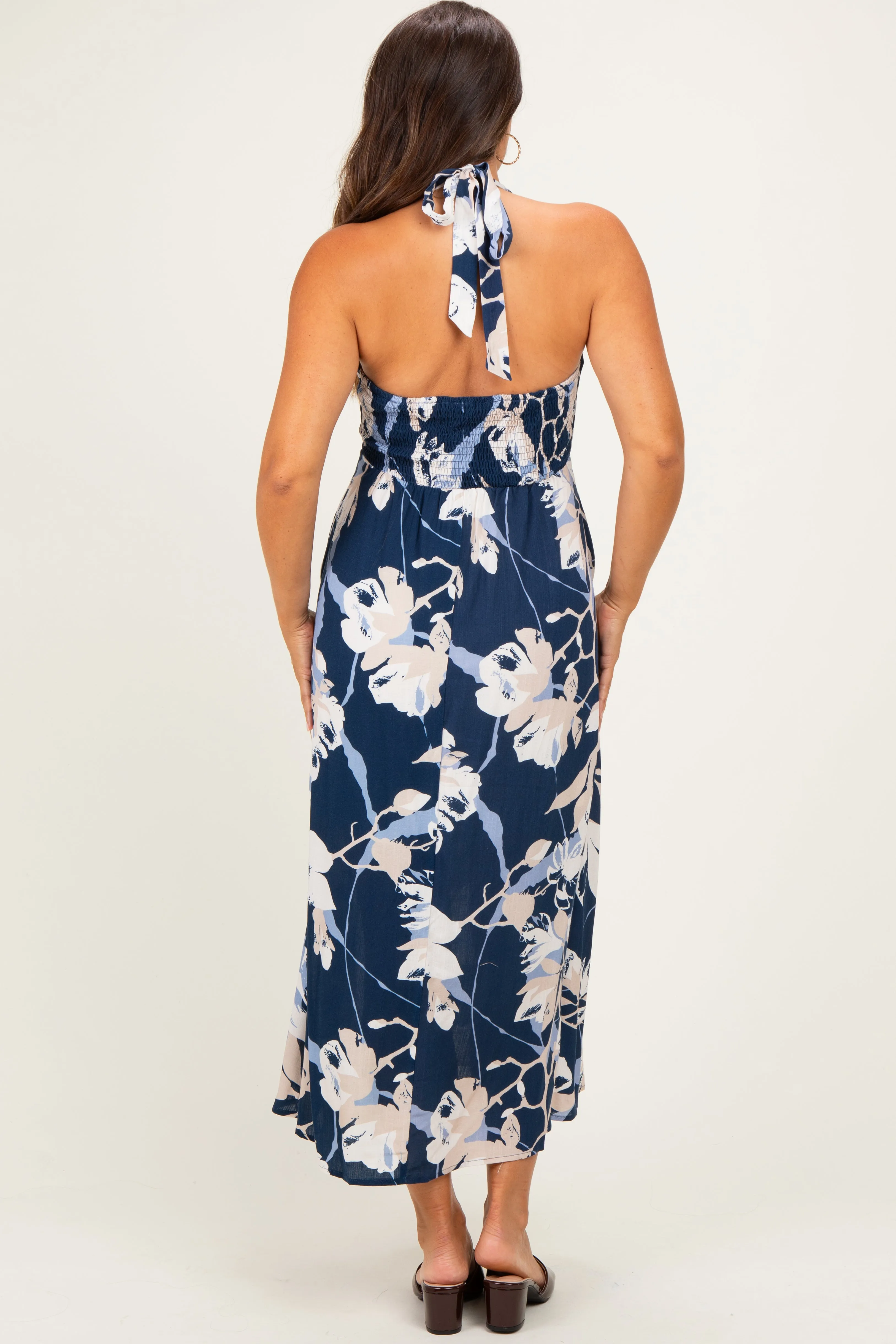 Navy Halter Neck Open Back Maternity Midi Dress sold by Pinkblush product image thumbnail 3
