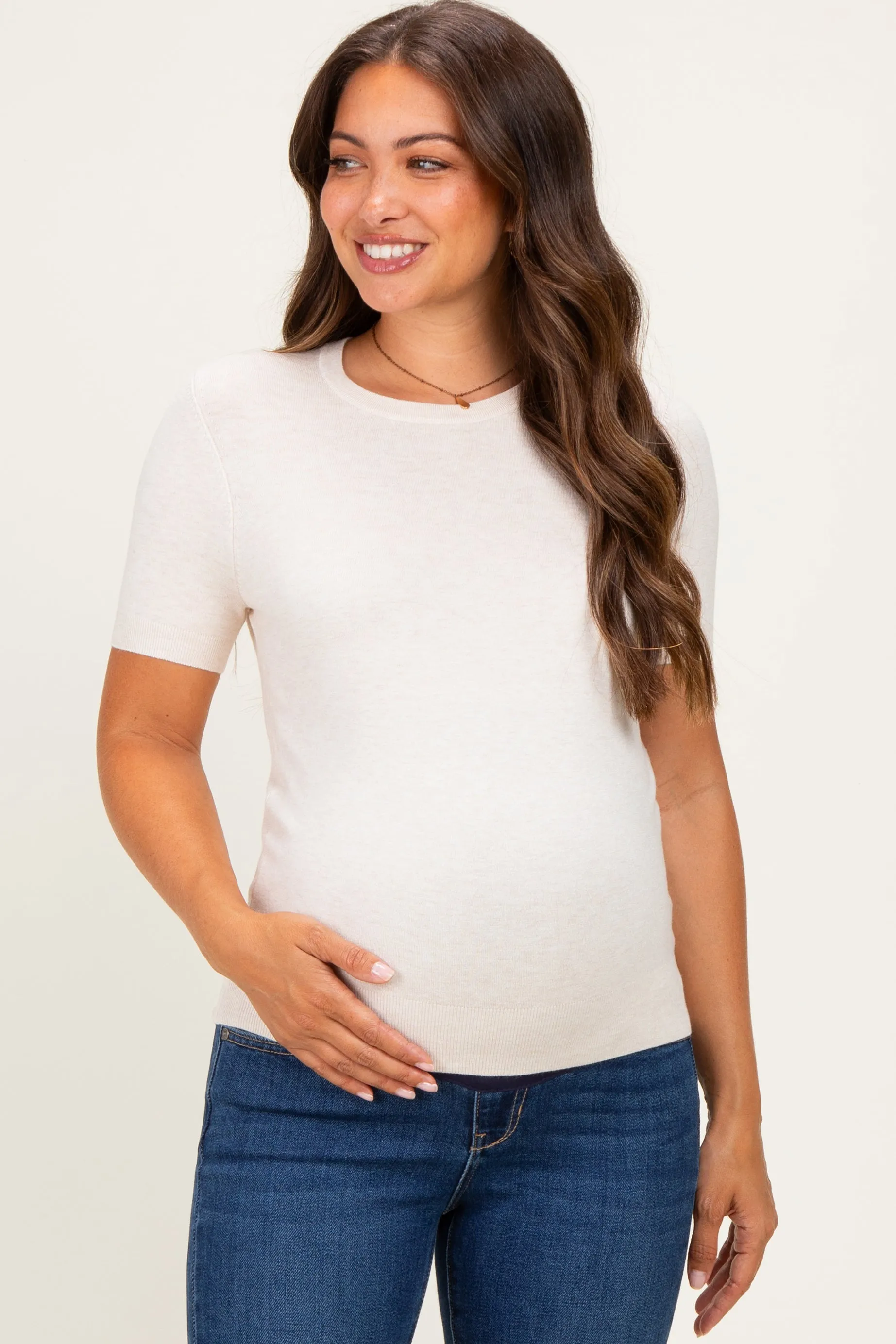 Oatmeal Basic Short Sleeve Maternity Sweater Top sold by Pinkblush