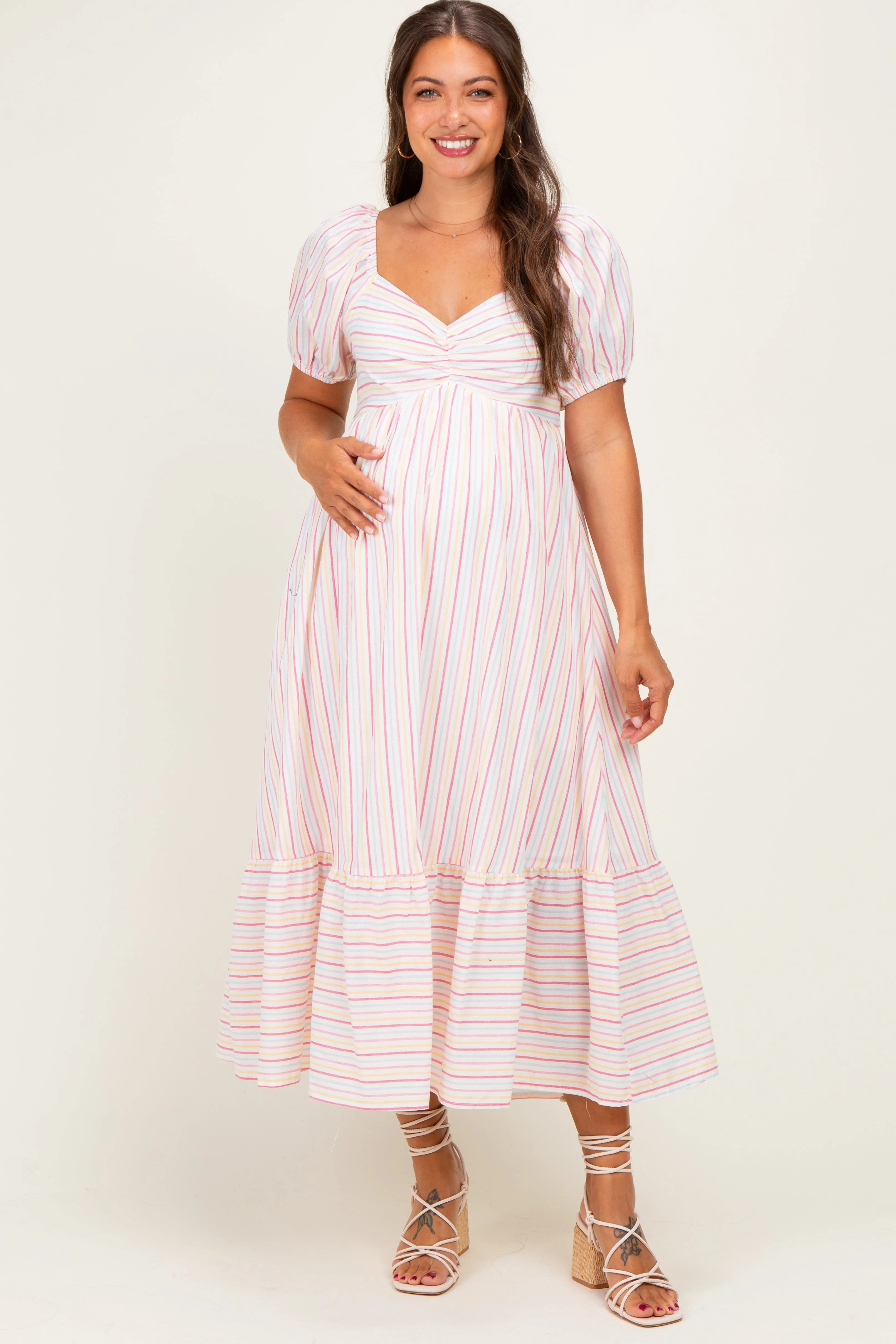 Fuchsia Stripe Sweetheart Neckline Maternity Midi Dress sold by Pinkblush