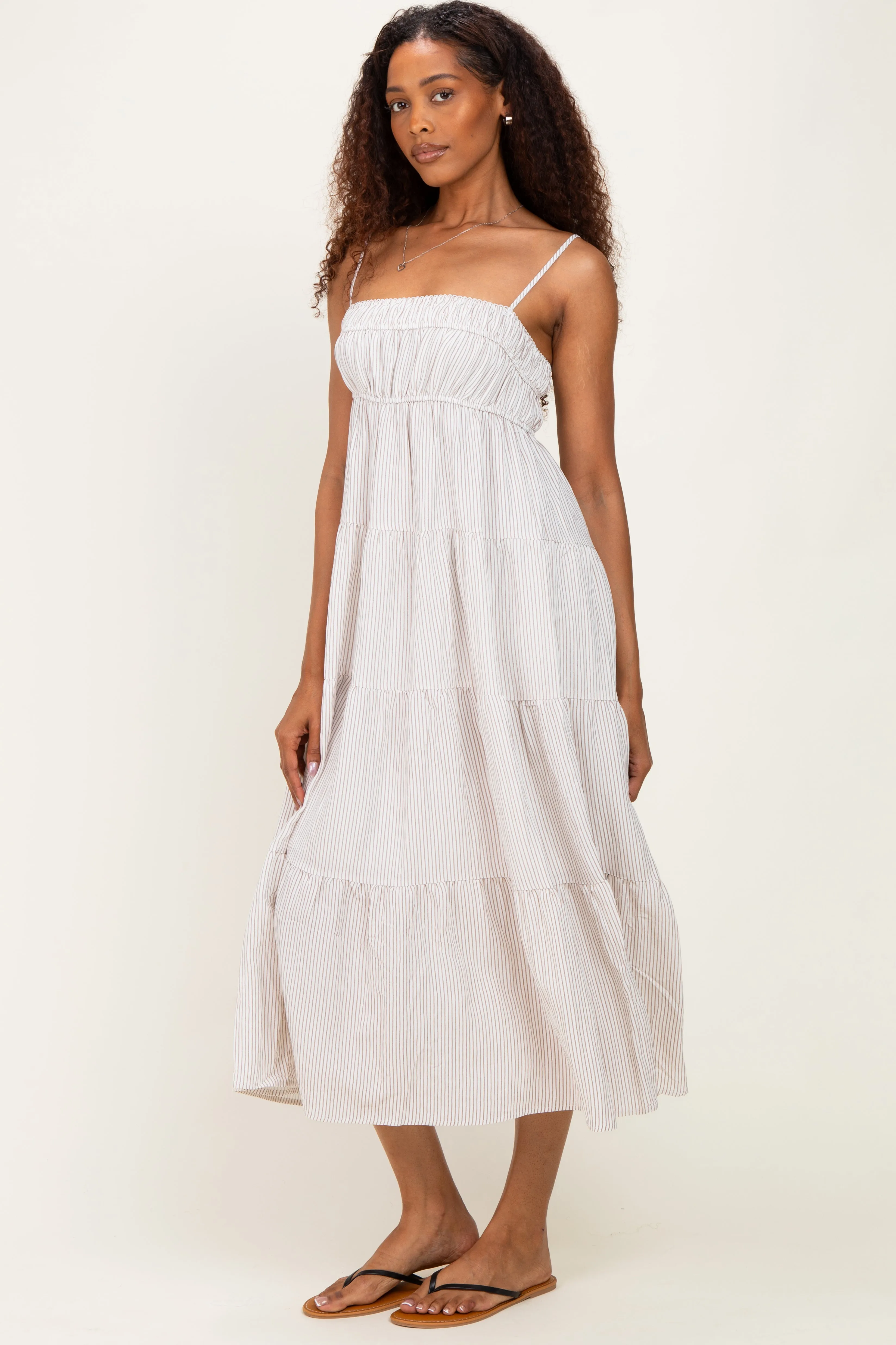 Mocha Striped Empire Waist Tiered Midi Dress sold by Pinkblush product image thumbnail 2