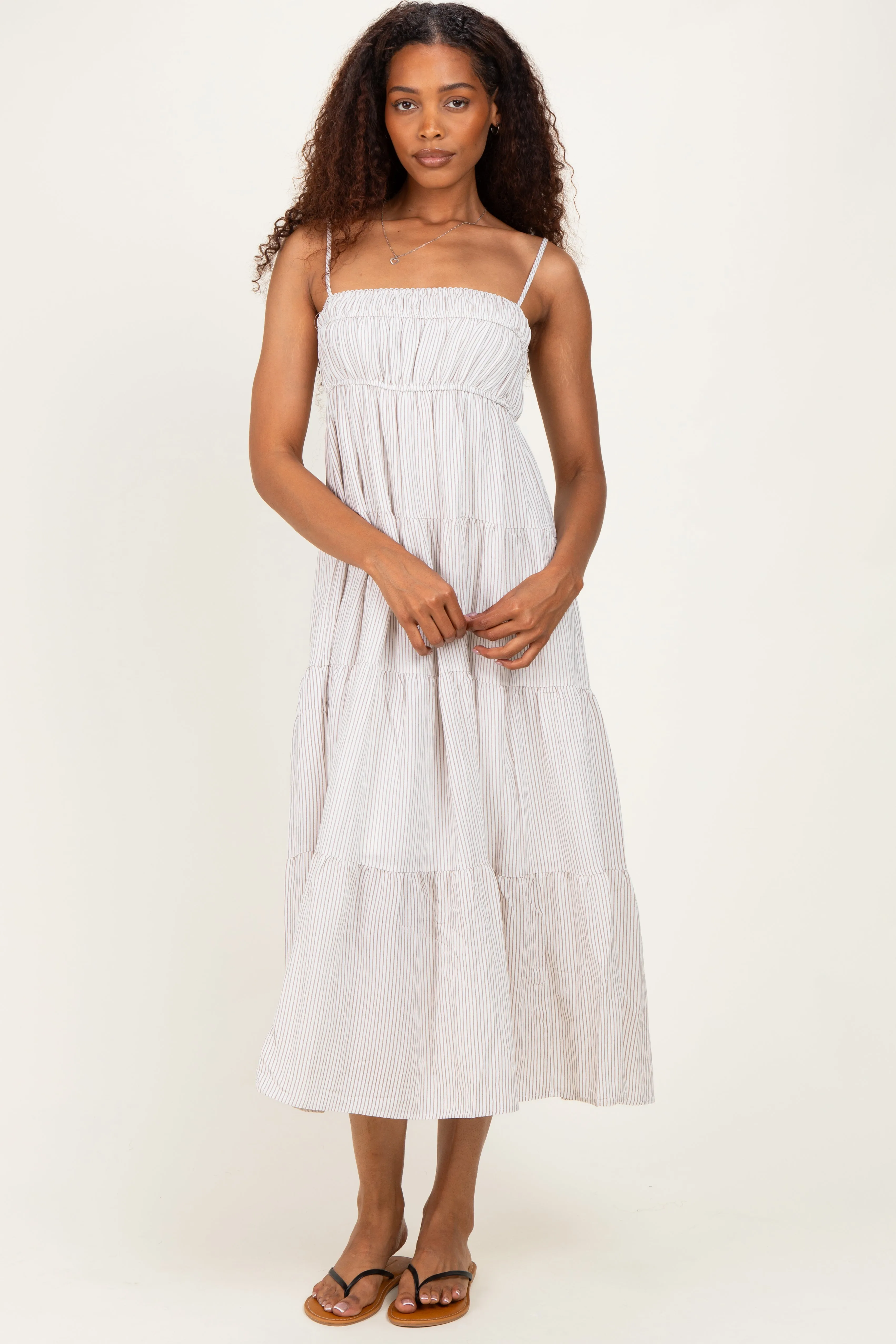 Mocha Striped Empire Waist Tiered Midi Dress sold by Pinkblush