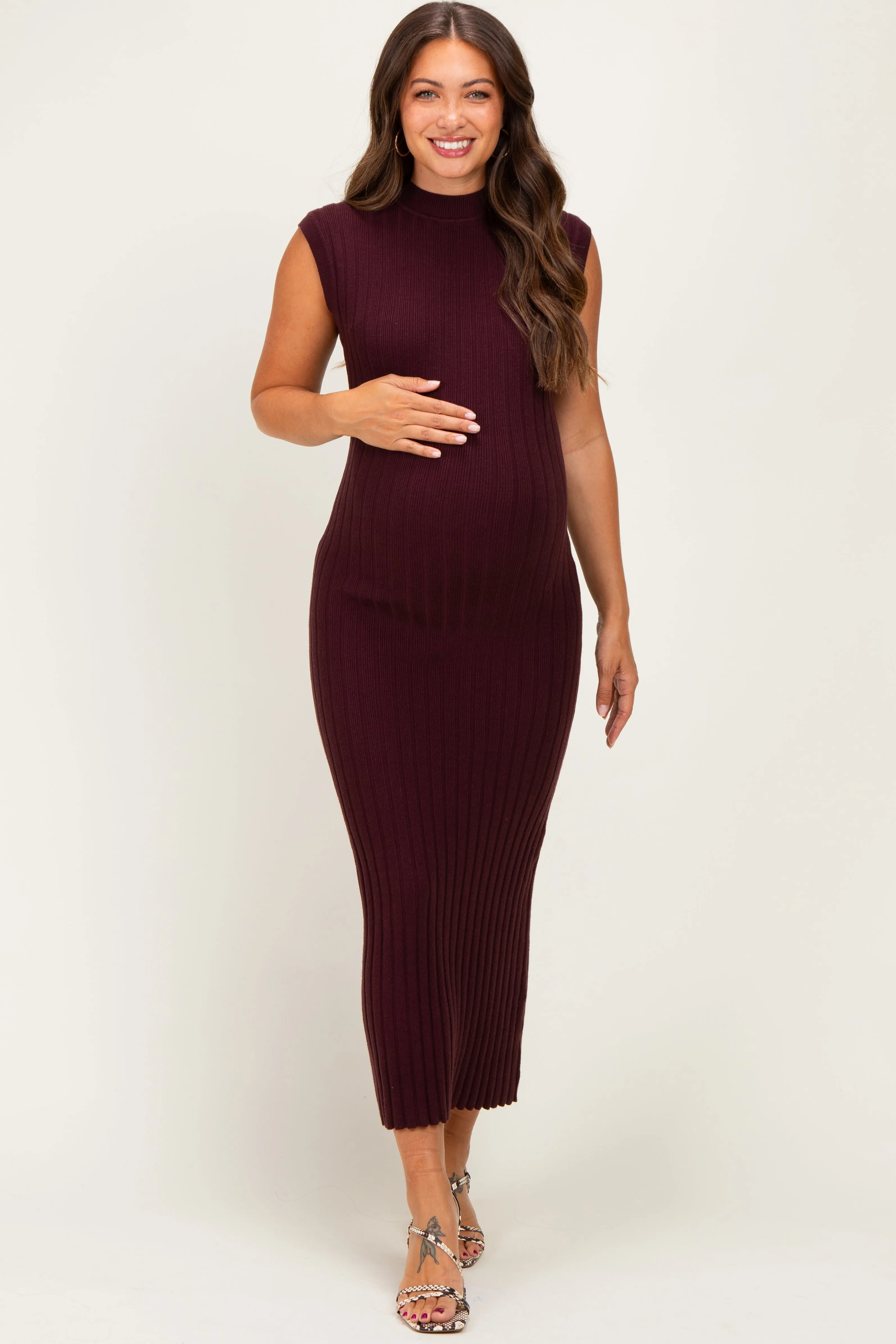 Burgundy Ribbed Knit Mock Neck Maternity Maxi Dress sold by Pinkblush