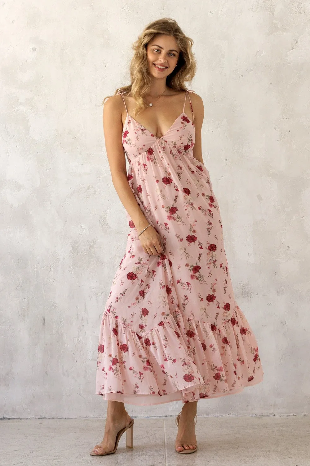 Pink Floral Shoulder Tie Ruffle Hem Maternity Maxi Dress sold by Pinkblush product image thumbnail 4