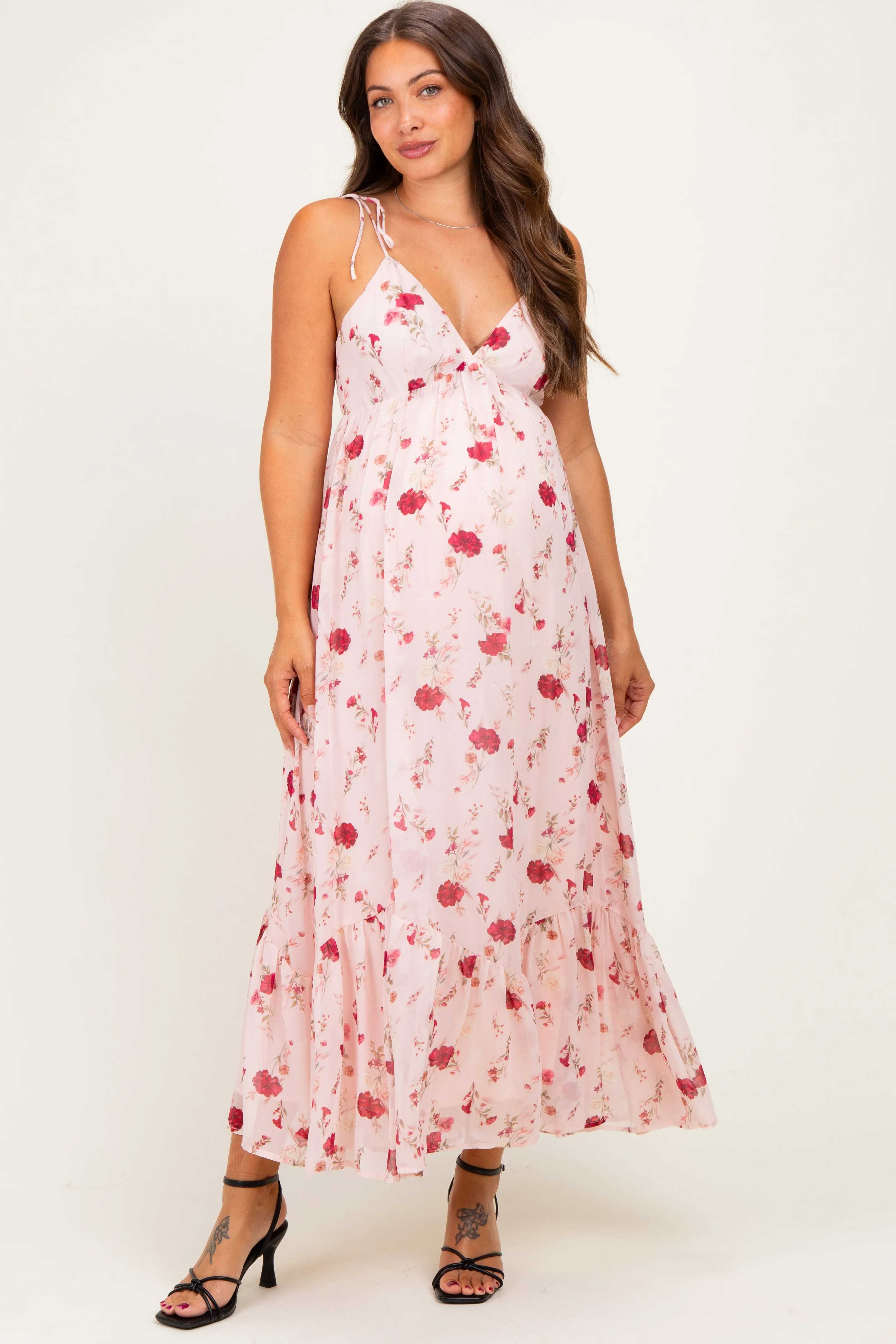 Pink Floral Shoulder Tie Ruffle Hem Maternity Maxi Dress sold by Pinkblush