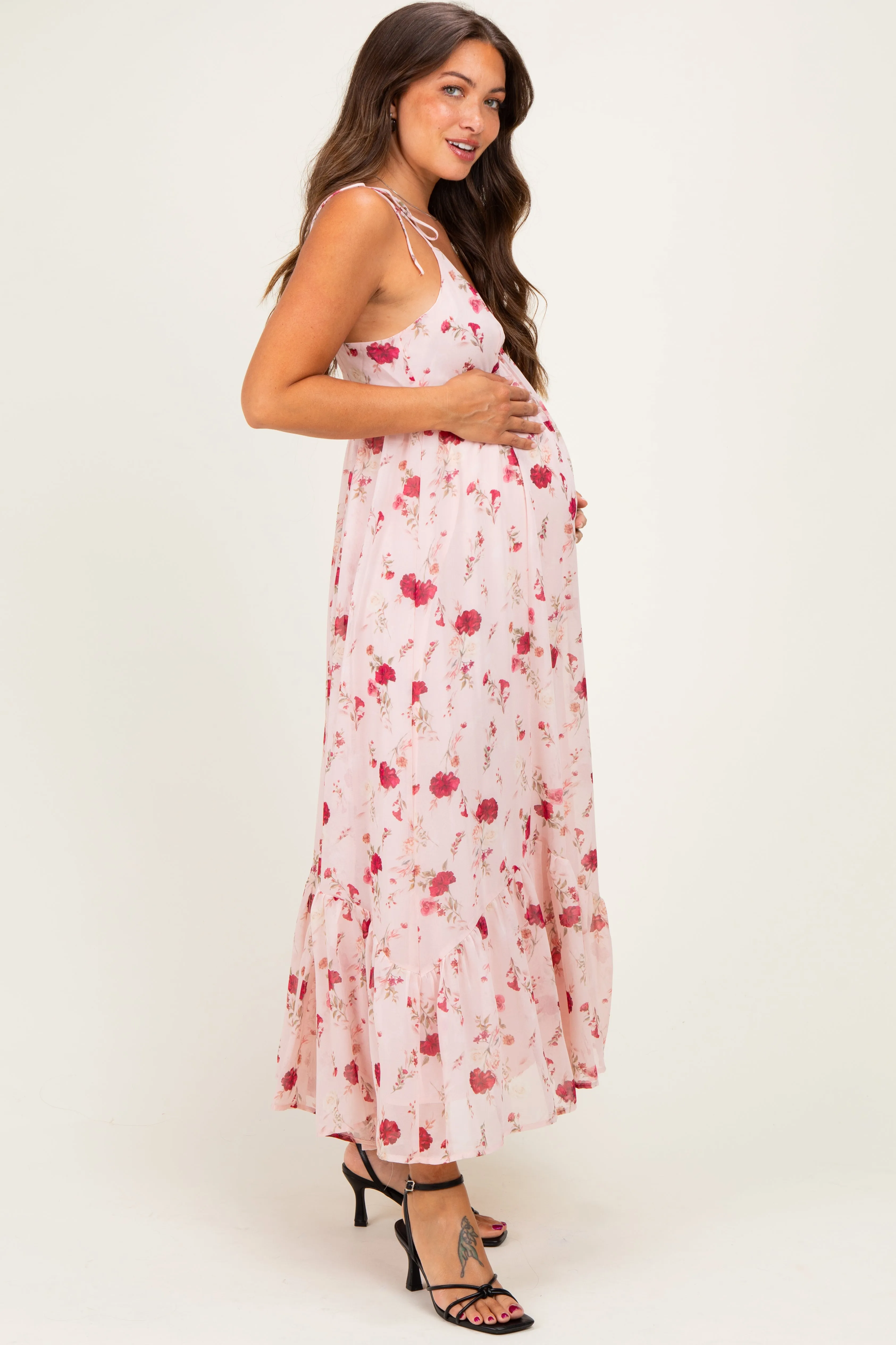 Pink Floral Shoulder Tie Ruffle Hem Maternity Maxi Dress sold by Pinkblush product image thumbnail 2