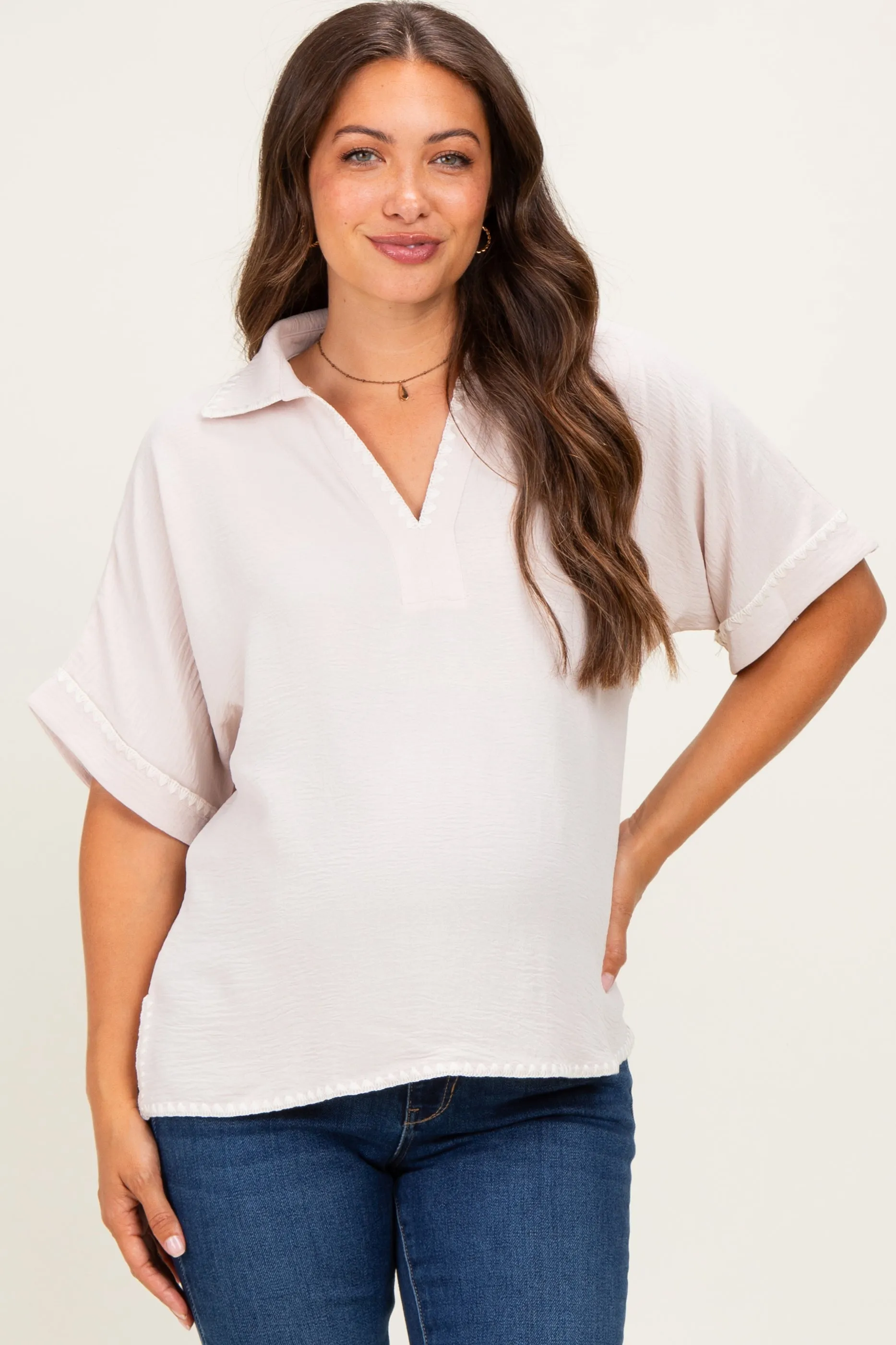 Oatmeal Embroidered Detail Collared Boxy Maternity Top sold by Pinkblush