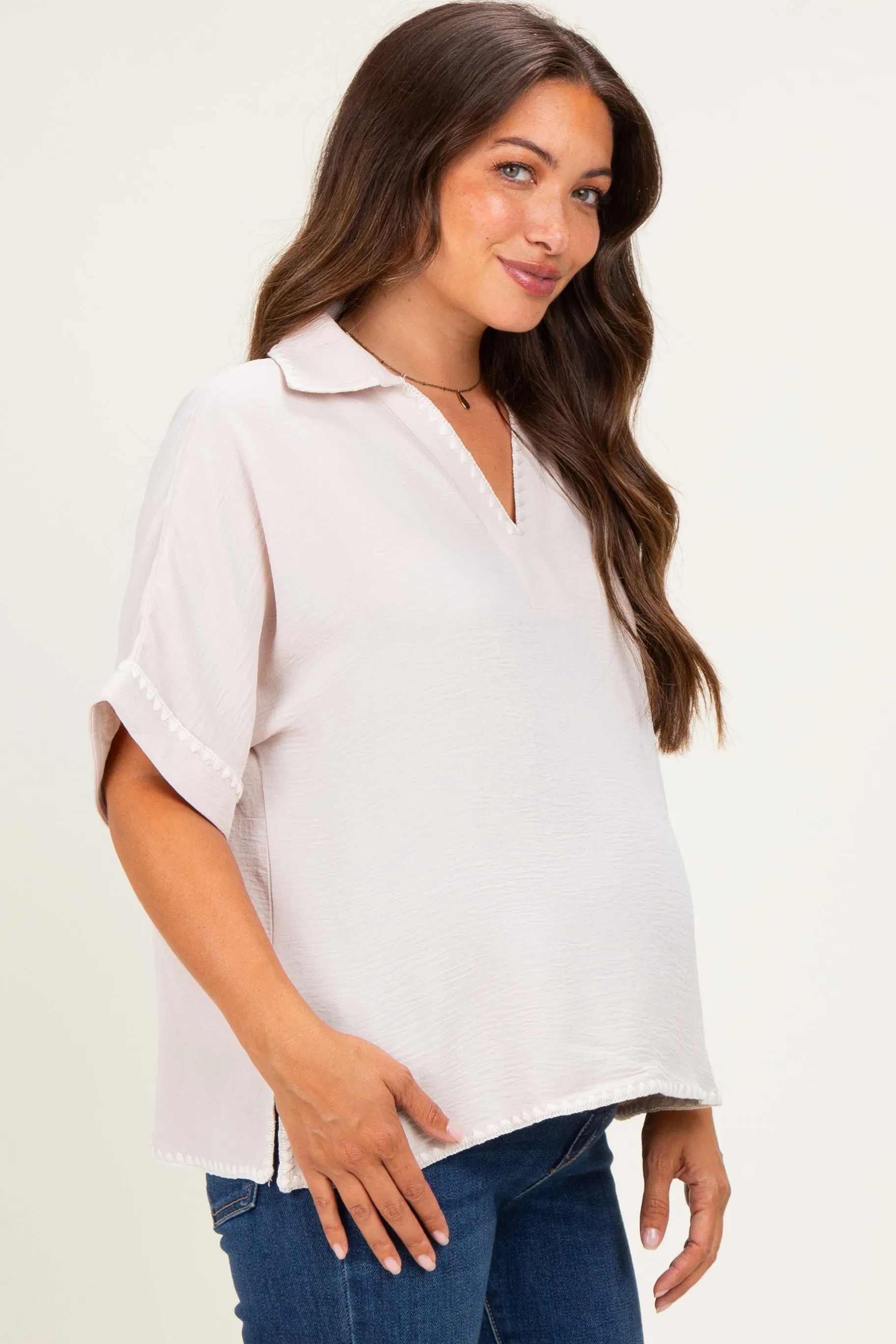 Oatmeal Embroidered Detail Collared Boxy Maternity Top sold by Pinkblush product image thumbnail 2