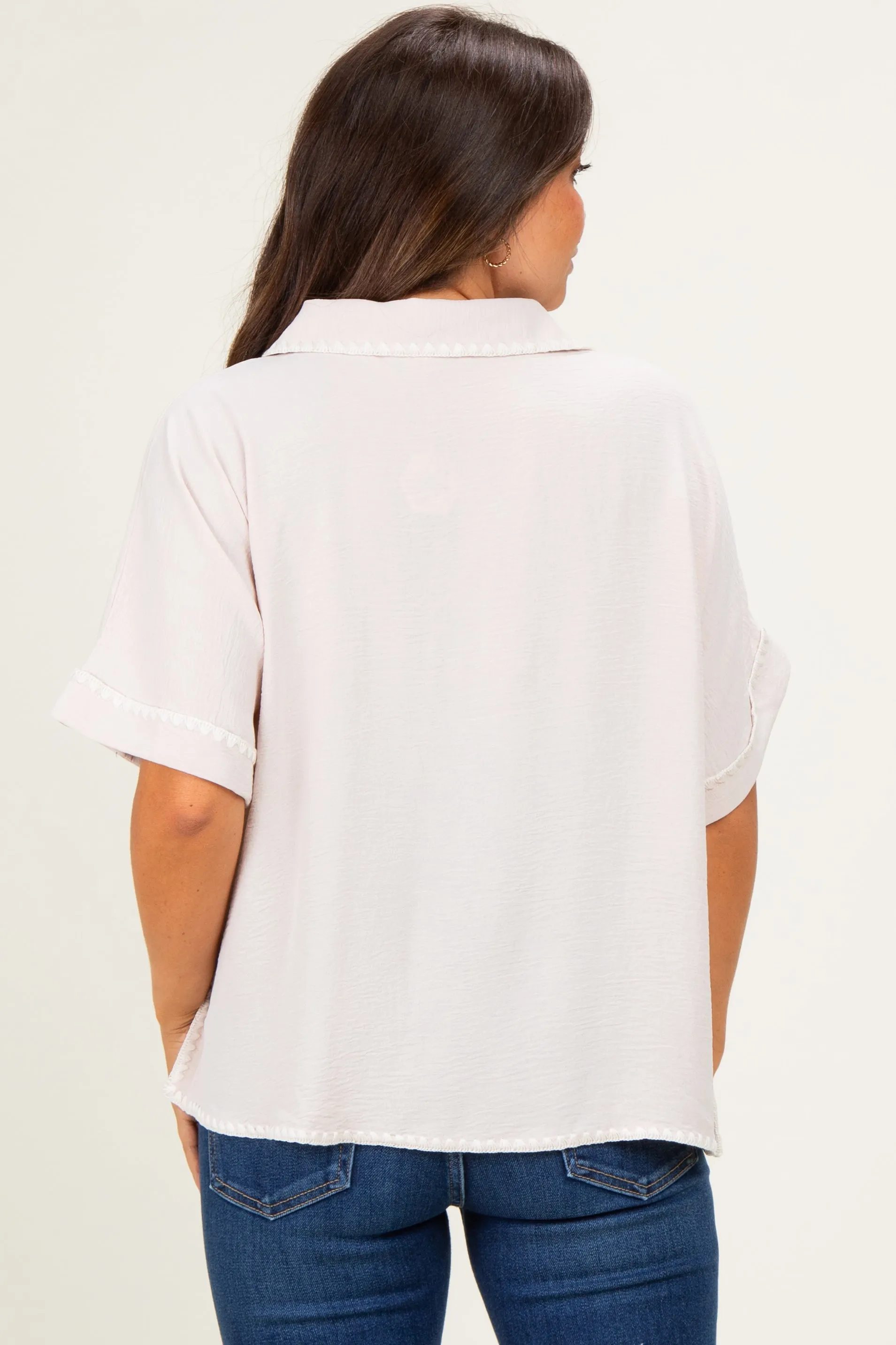 Oatmeal Embroidered Detail Collared Boxy Maternity Top sold by Pinkblush product image thumbnail 3