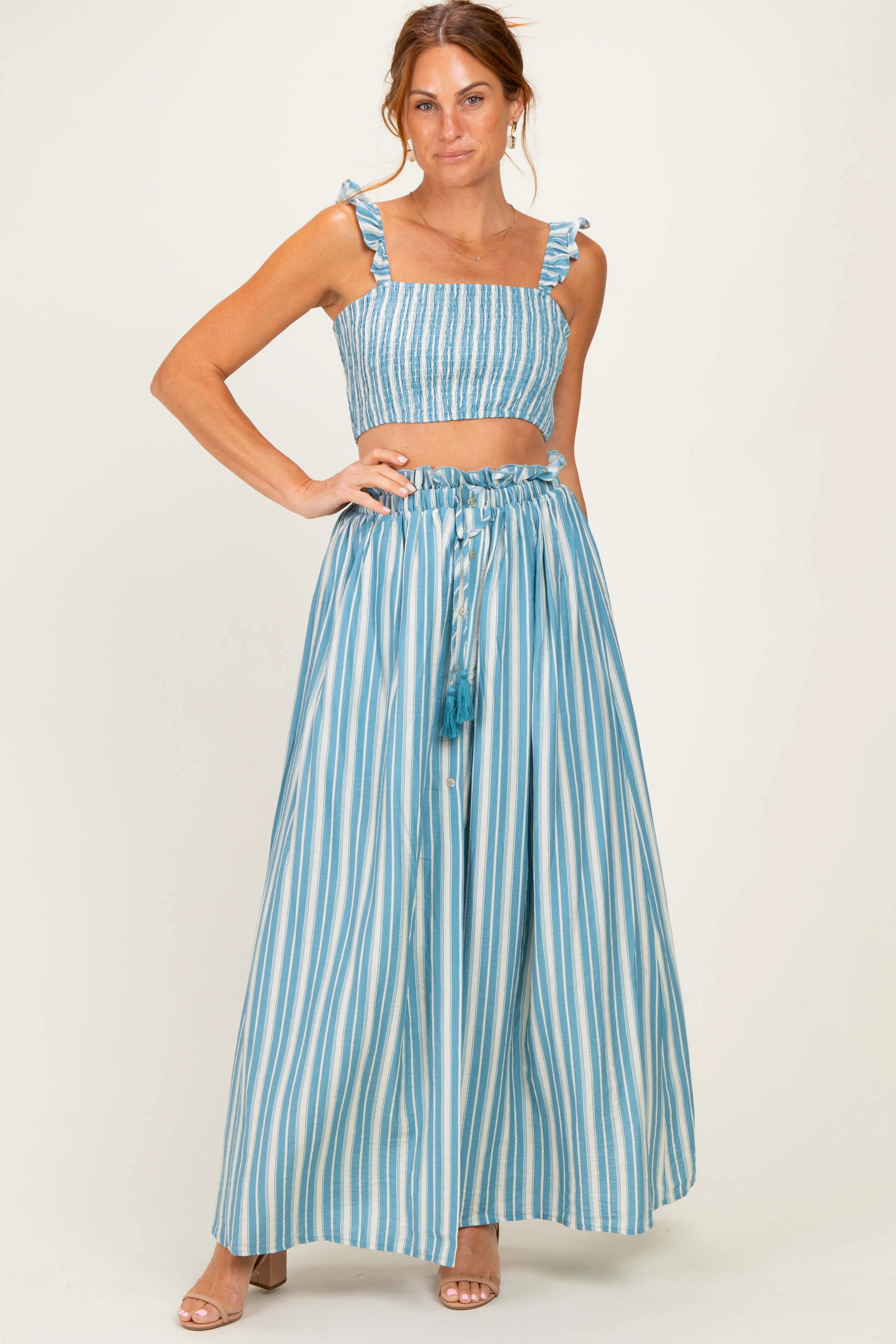 Blue Striped Smocked Crop Top Maxi Skirt Set sold by Pinkblush
