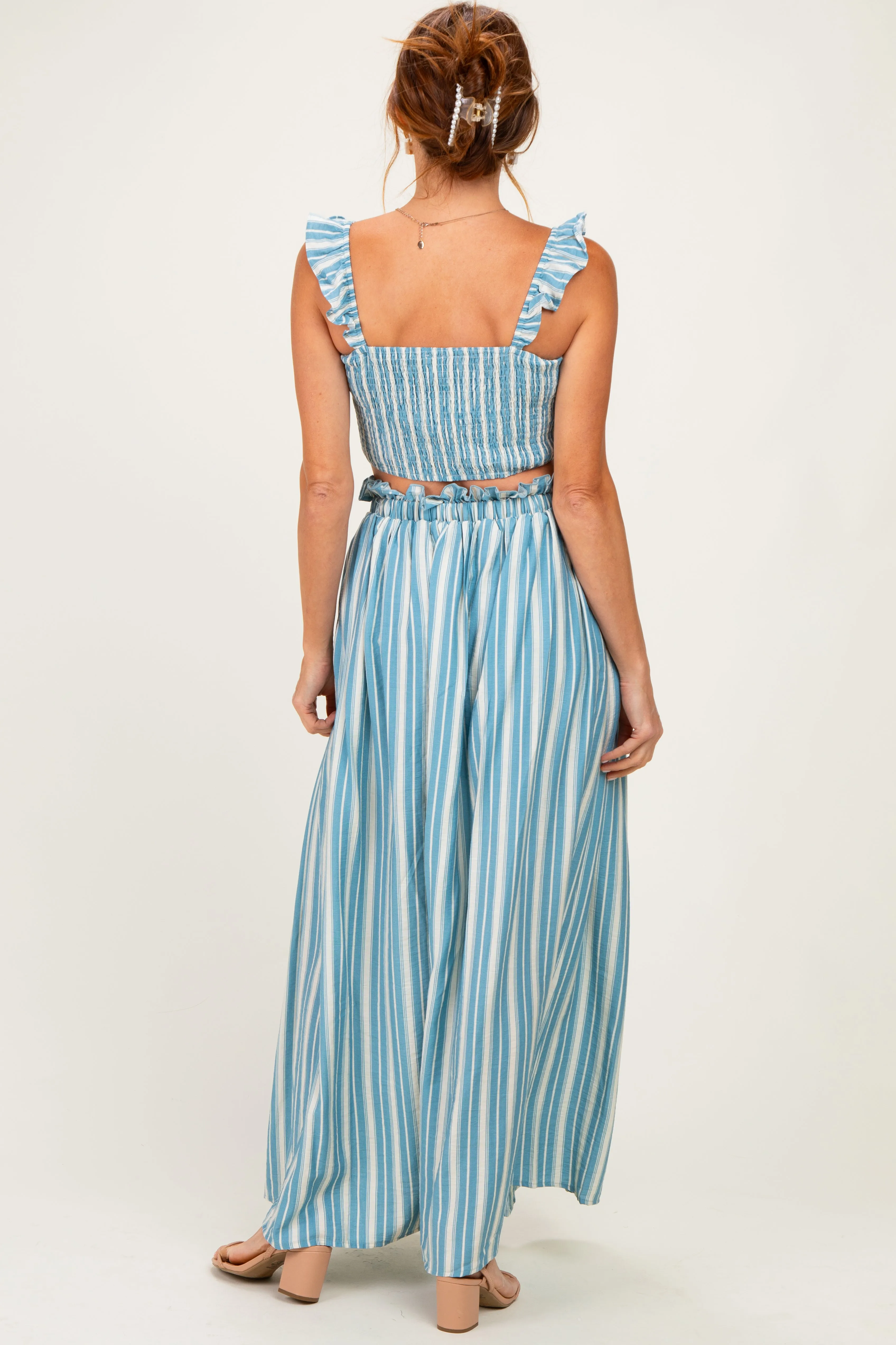 Blue Striped Smocked Crop Top Maxi Skirt Set sold by Pinkblush product image thumbnail 3