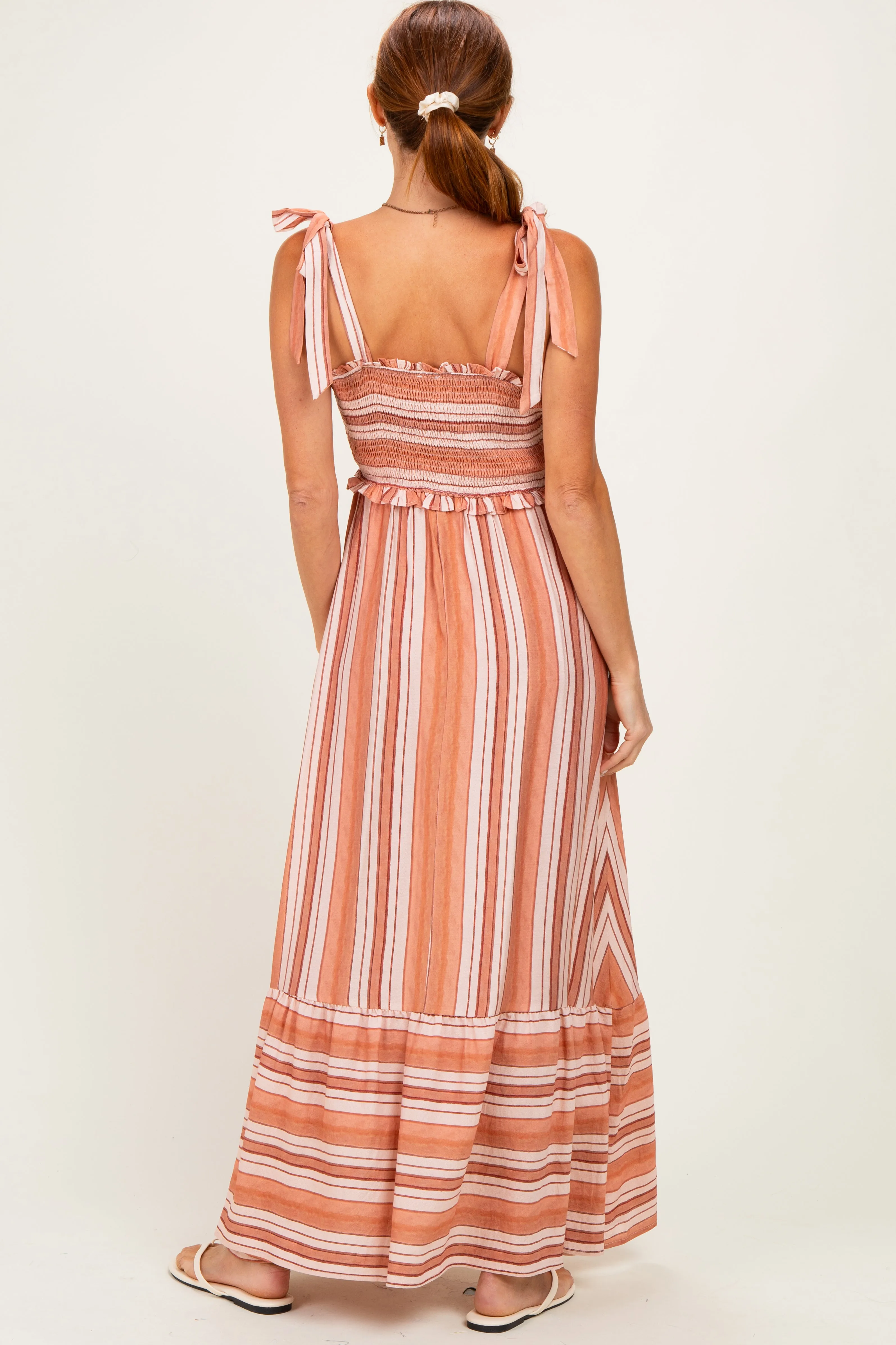 Rose Striped Smocked Shoulder Tie Midi Dress sold by Pinkblush product image thumbnail 4