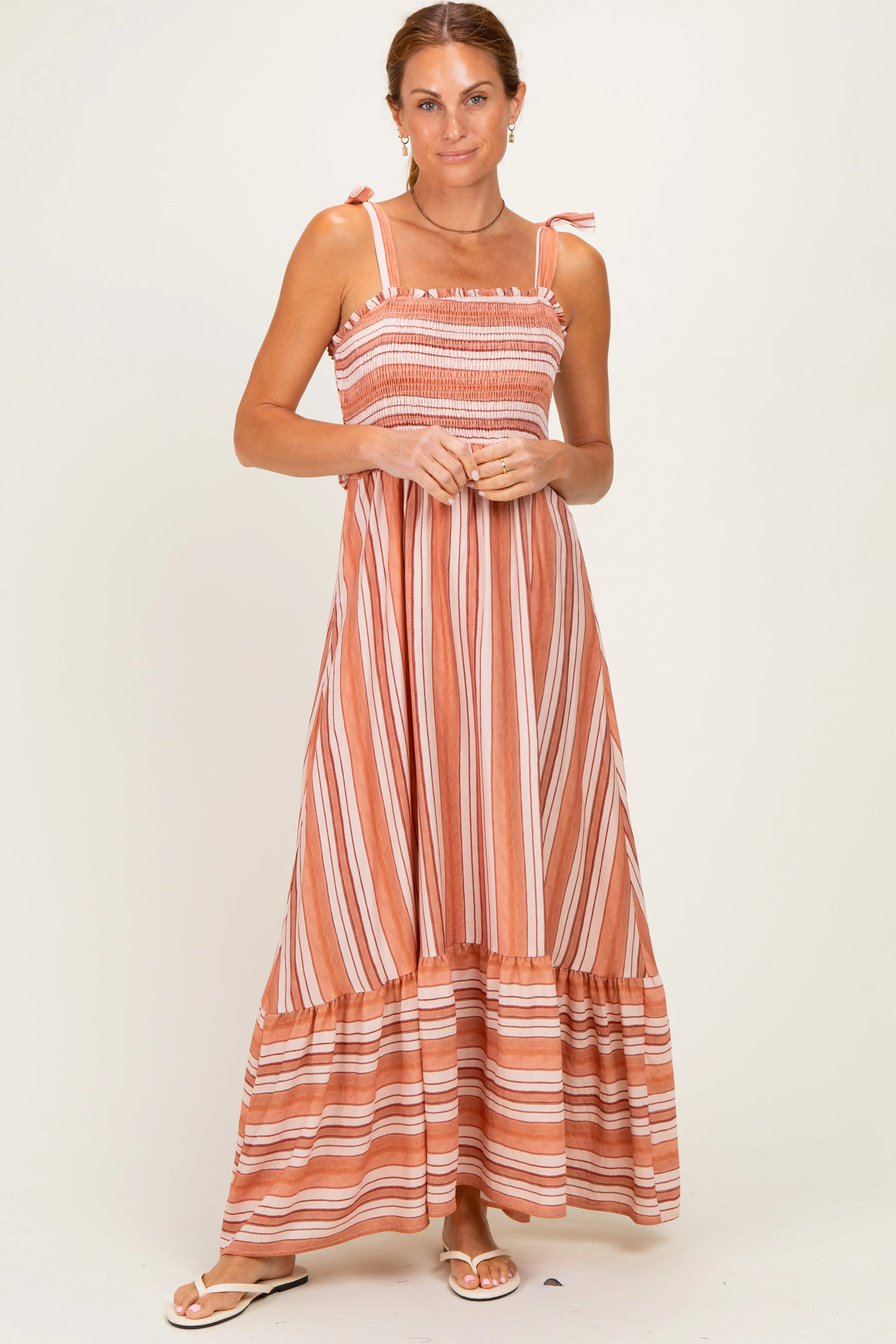 Rose Striped Smocked Shoulder Tie Midi Dress sold by Pinkblush