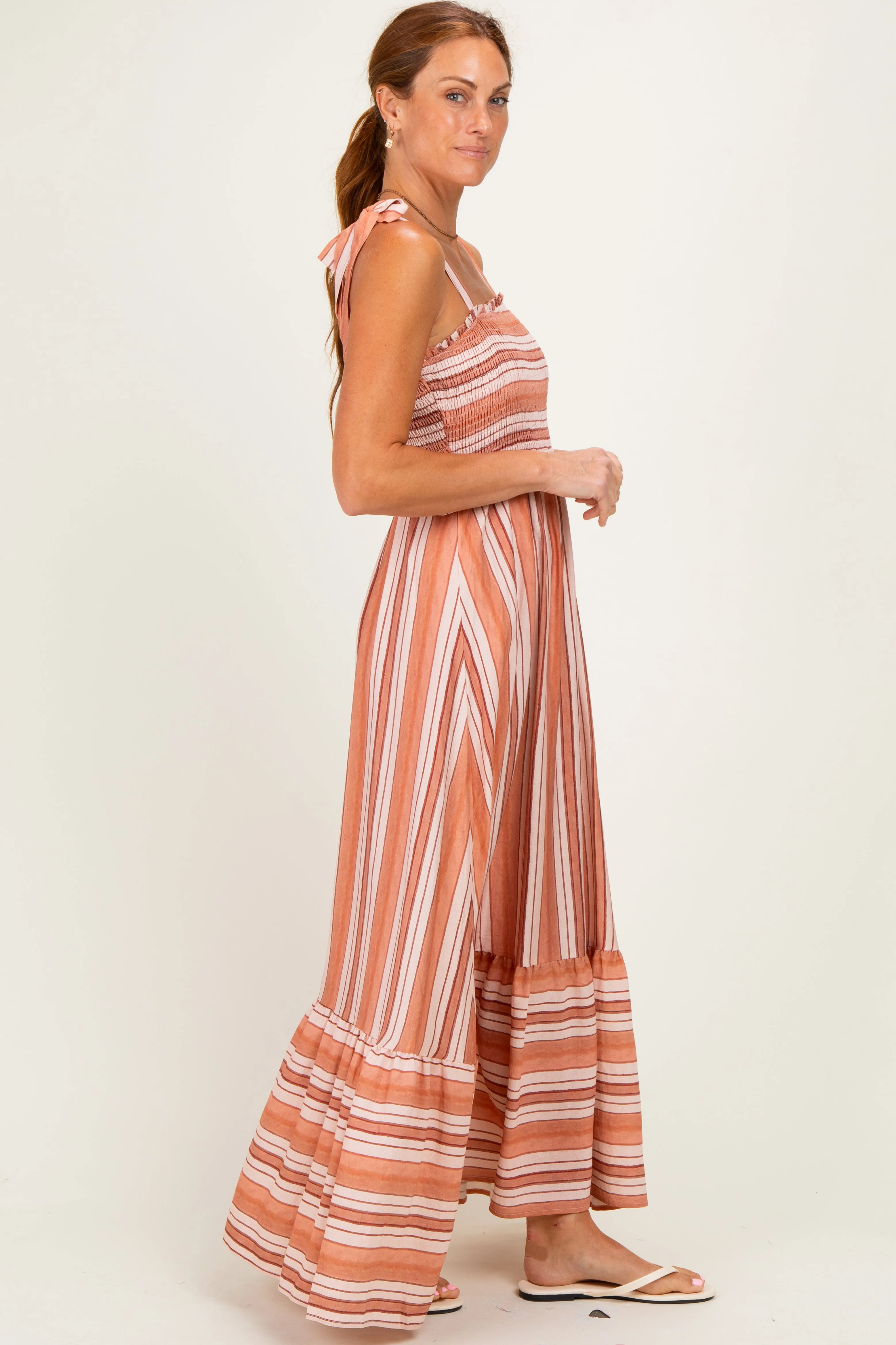 Rose Striped Smocked Shoulder Tie Midi Dress sold by Pinkblush product image thumbnail 3