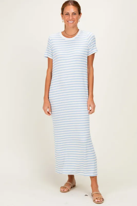 Light Blue/ Ivory Striped Short Sleeve Midi Dress made by Pinkblush