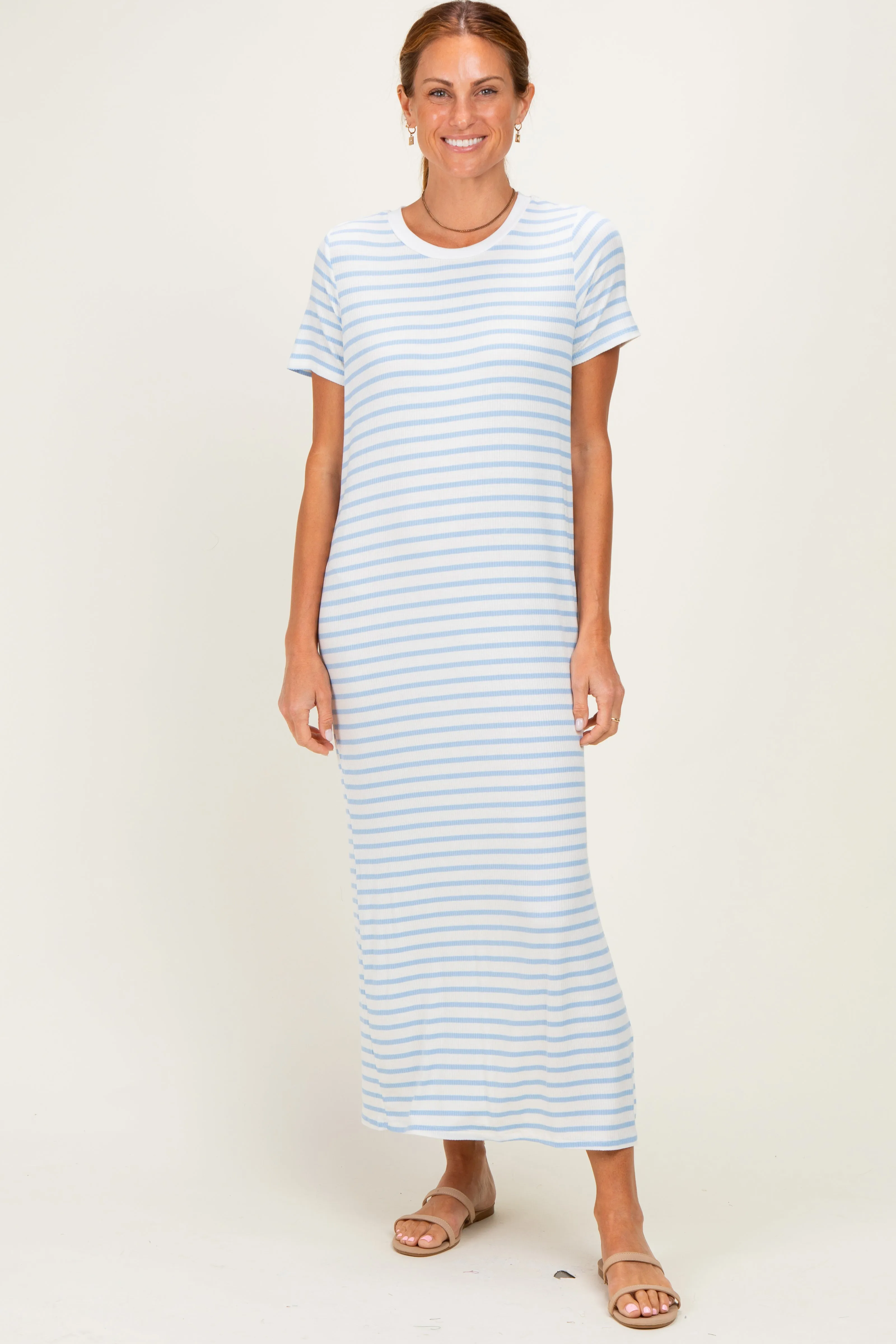 Light Blue/ Ivory Striped Short Sleeve Midi Dress sold by Pinkblush