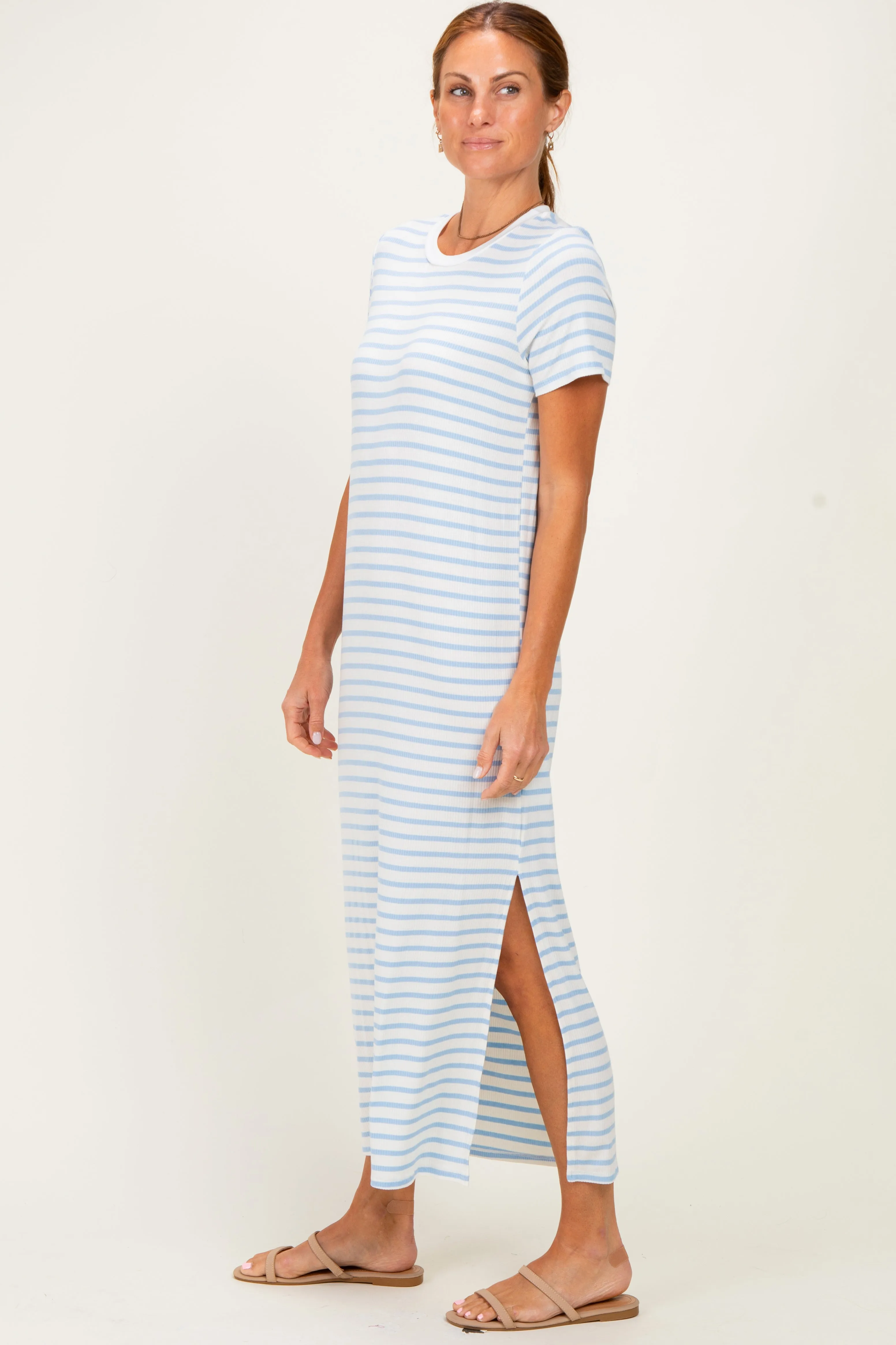 Light Blue/ Ivory Striped Short Sleeve Midi Dress sold by Pinkblush product image thumbnail 2