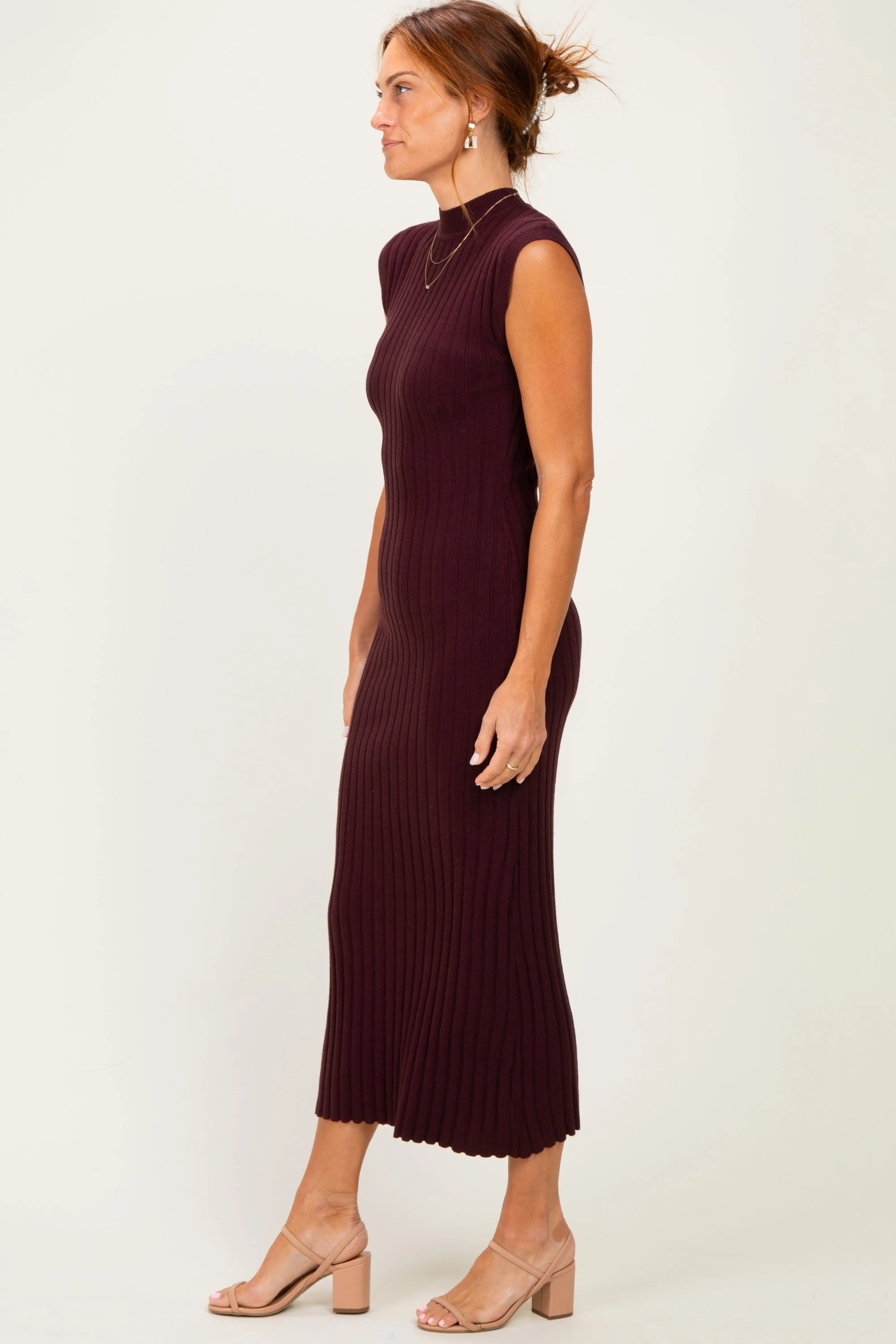 Burgundy Ribbed Knit Mock Neck Maxi Dress sold by Pinkblush product image thumbnail 2