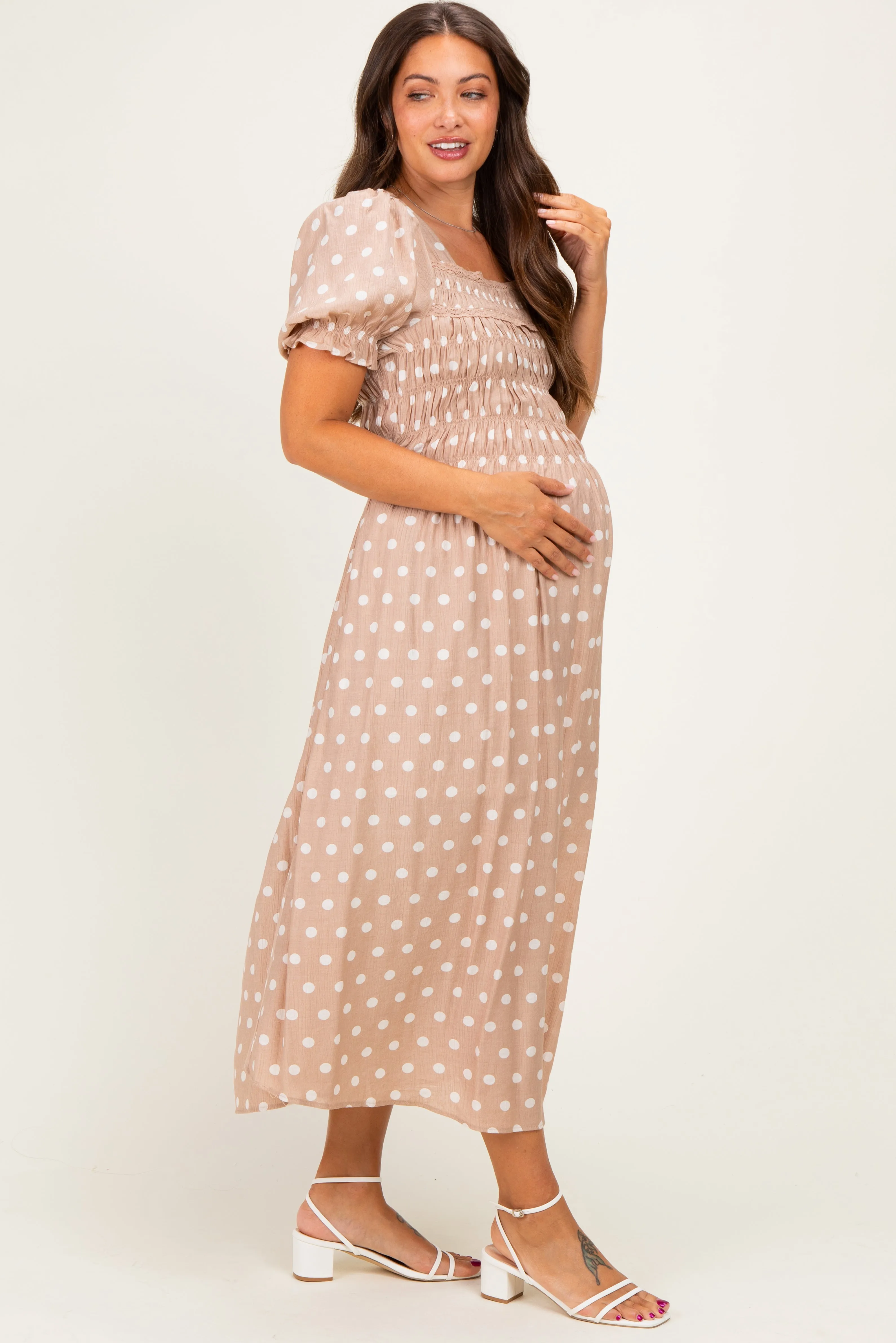 Light Taupe Polka Dot Smocked Maternity Midi Dress sold by Pinkblush product image thumbnail 2
