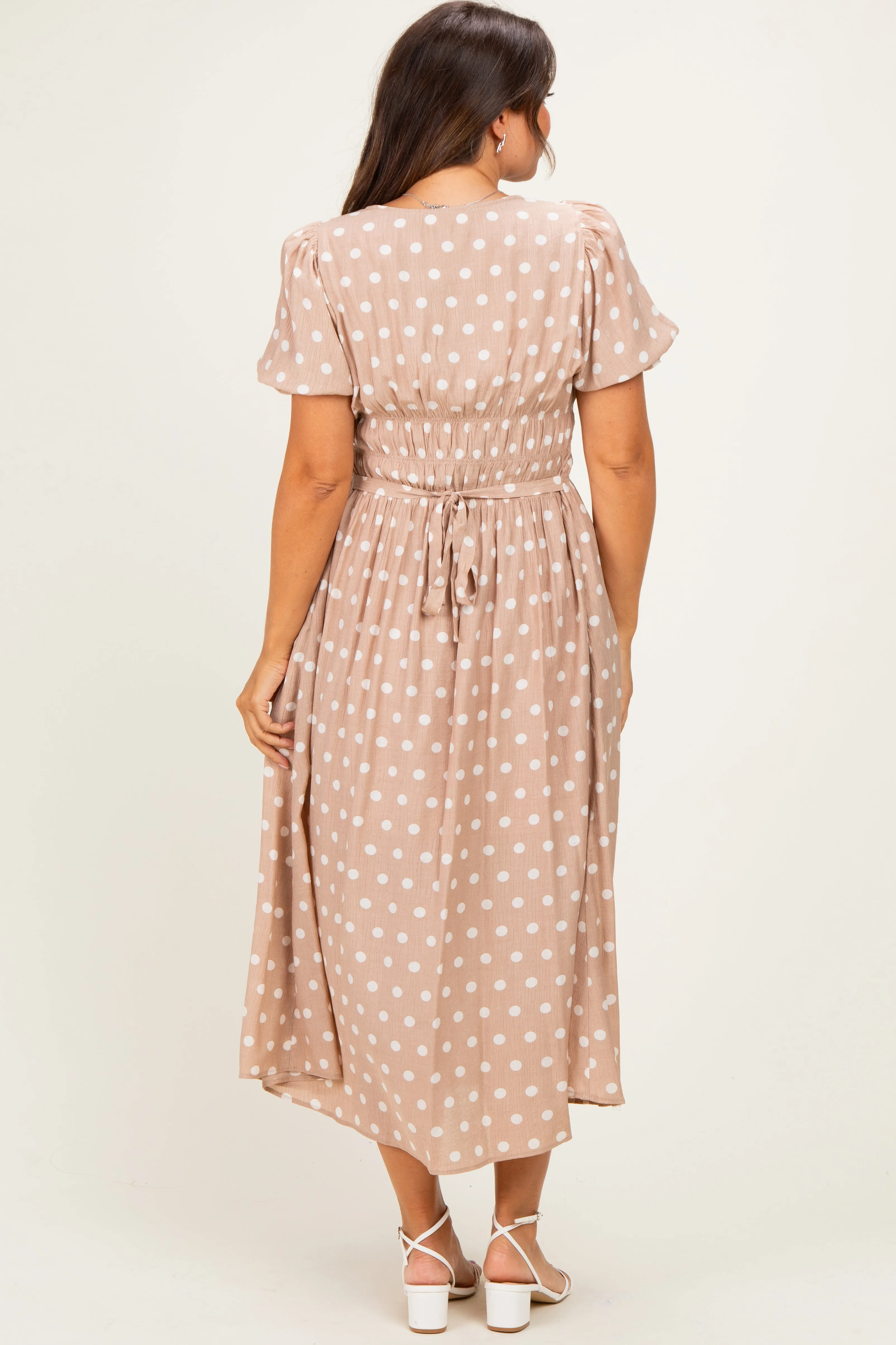 Light Taupe Polka Dot Smocked Maternity Midi Dress sold by Pinkblush product image thumbnail 3