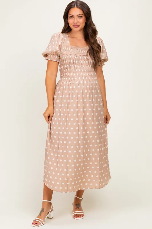 Light Taupe Polka Dot Smocked Maternity Midi Dress made by entro
