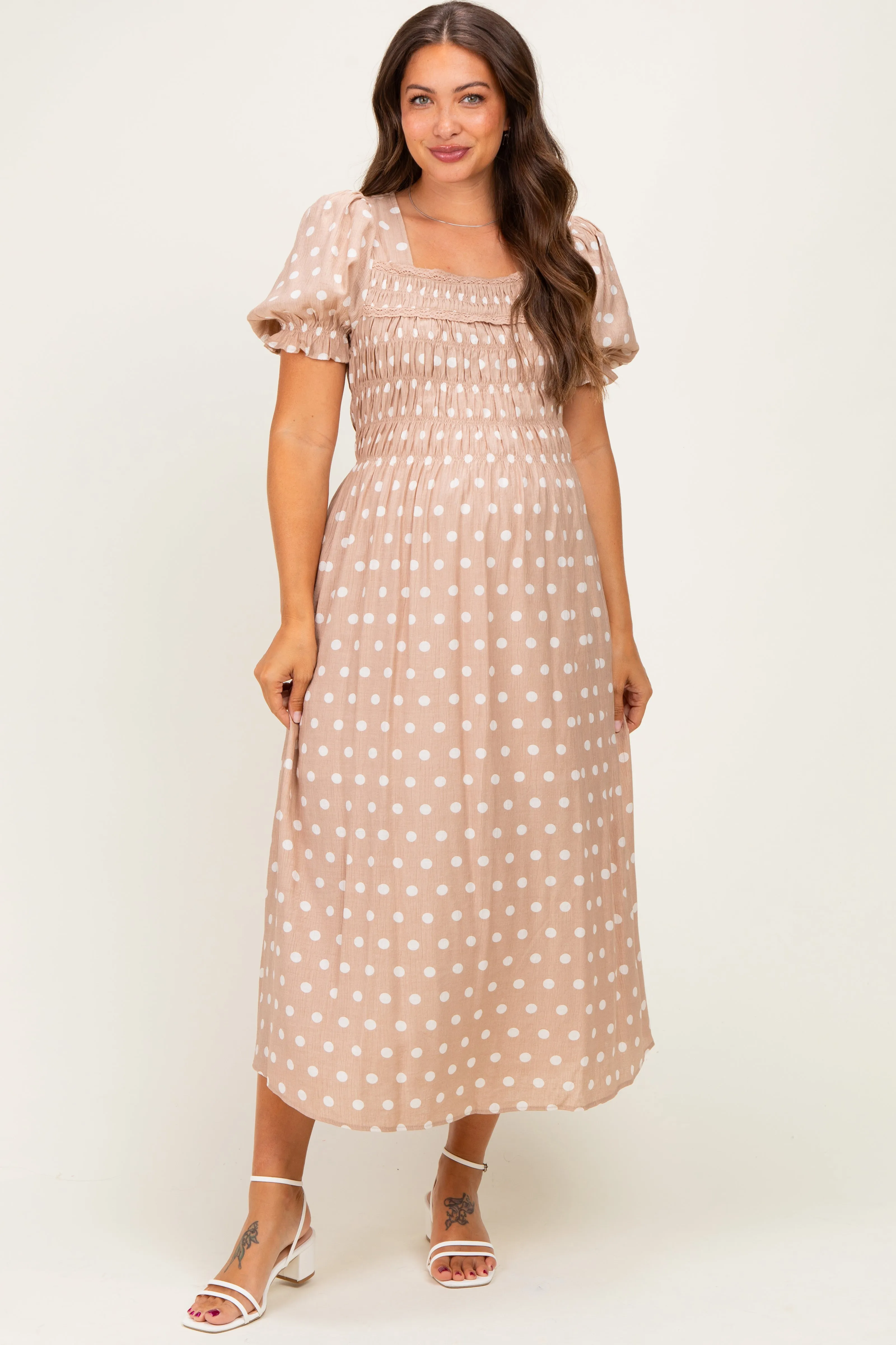 Light Taupe Polka Dot Smocked Maternity Midi Dress sold by Pinkblush