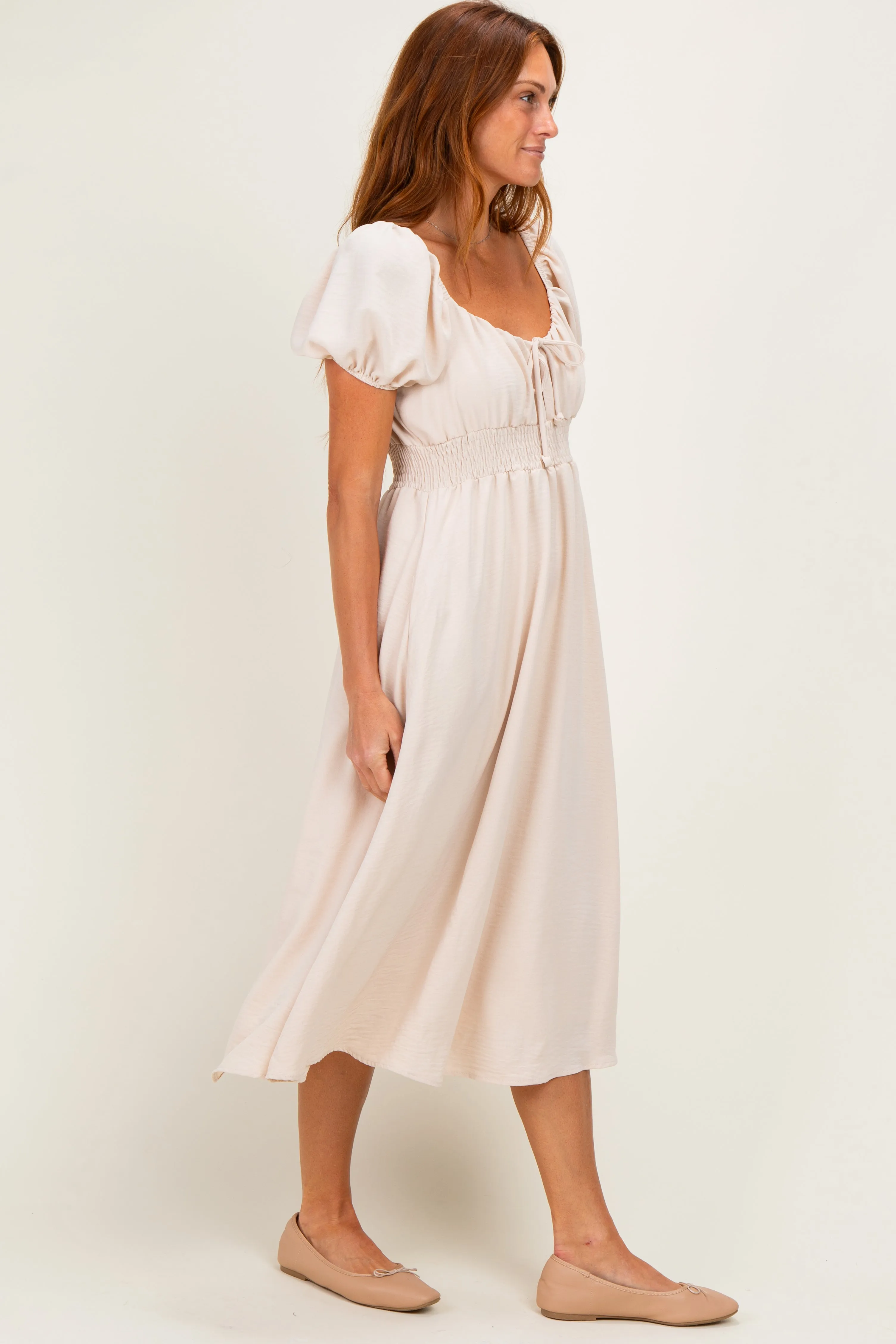 Beige Smocked Waist Short Sleeve Midi Dress sold by Pinkblush product image thumbnail 2