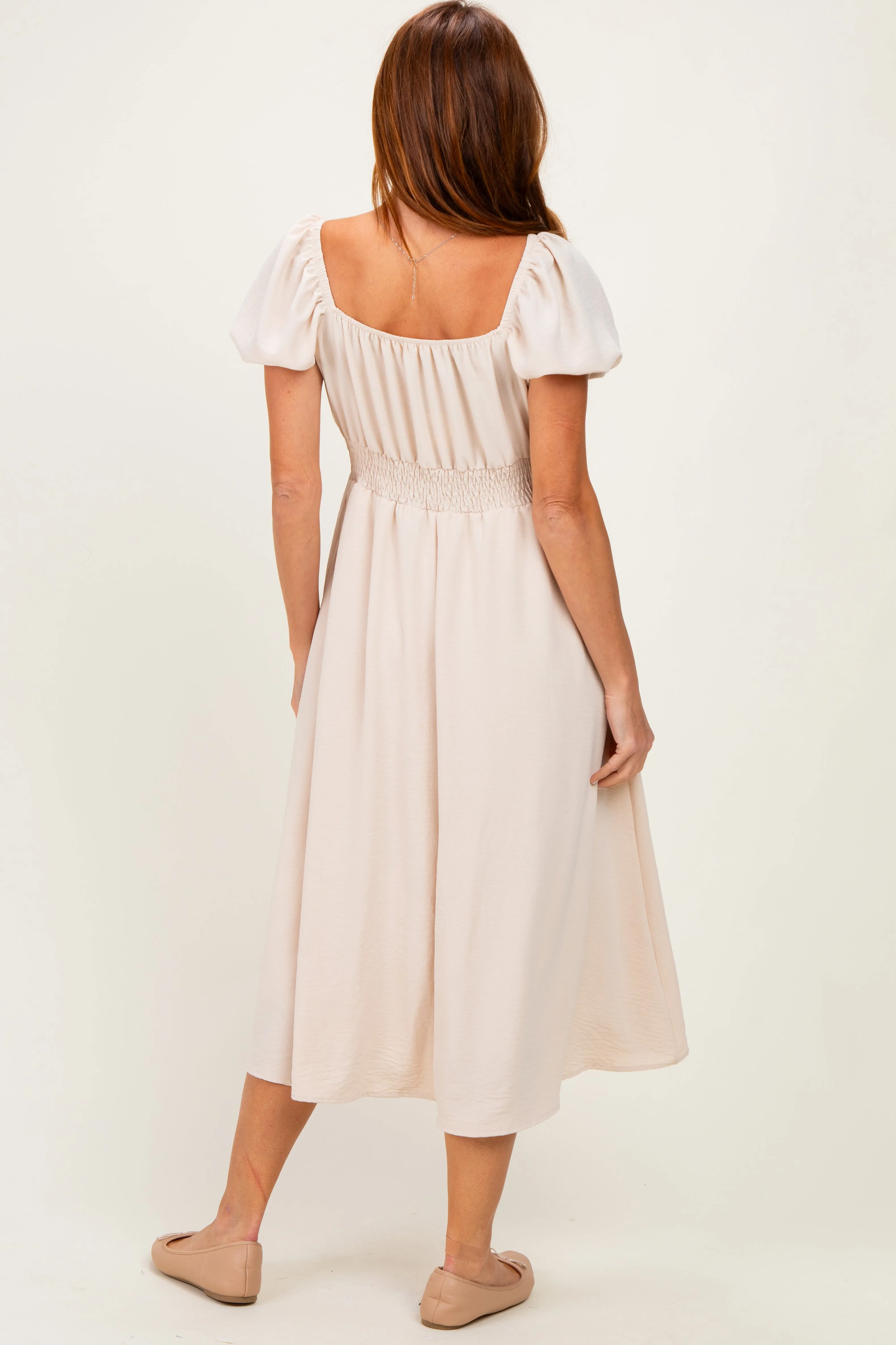 Beige Smocked Waist Short Sleeve Midi Dress sold by Pinkblush product image thumbnail 3