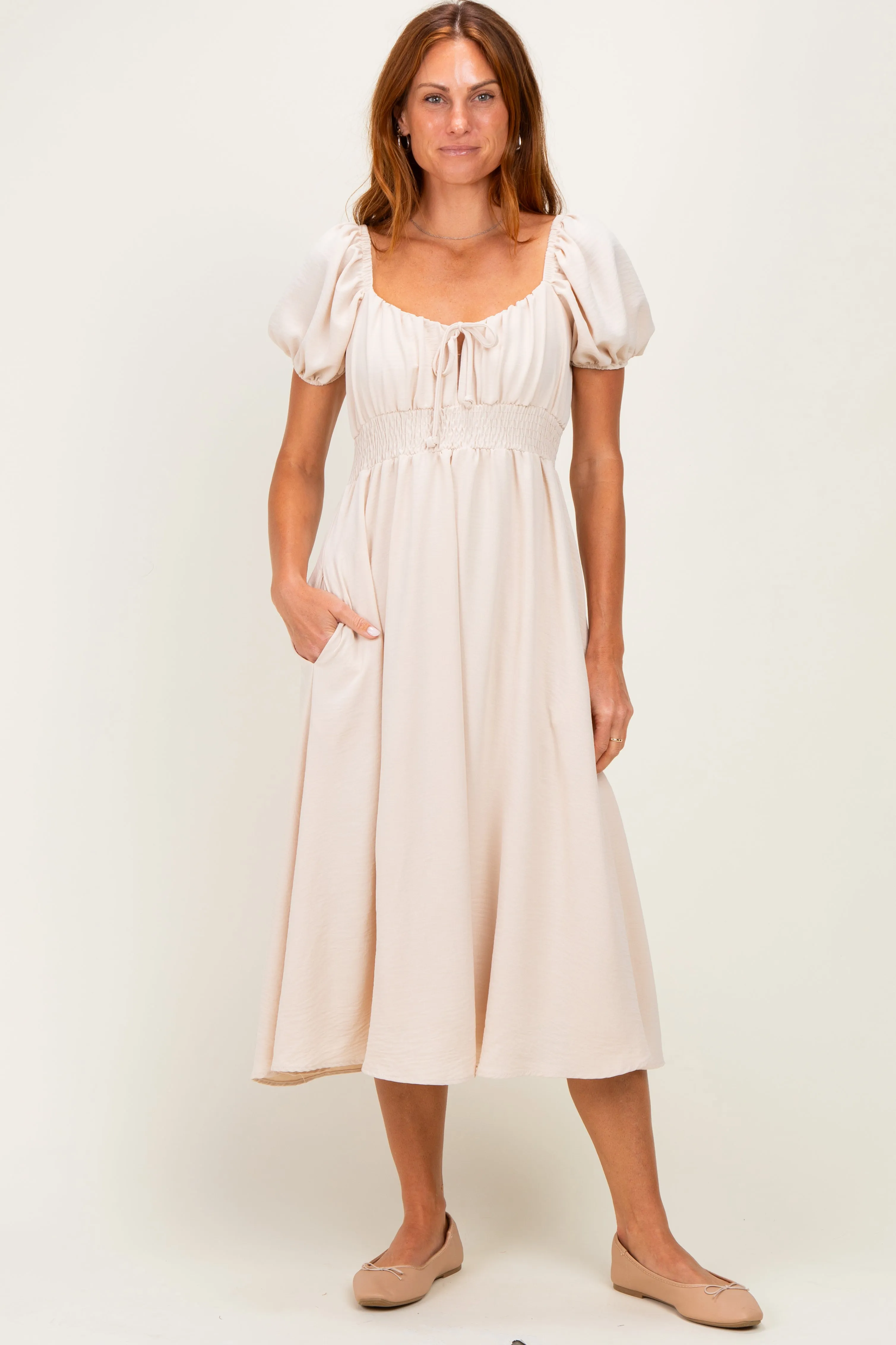 Beige Smocked Waist Short Sleeve Midi Dress sold by Pinkblush