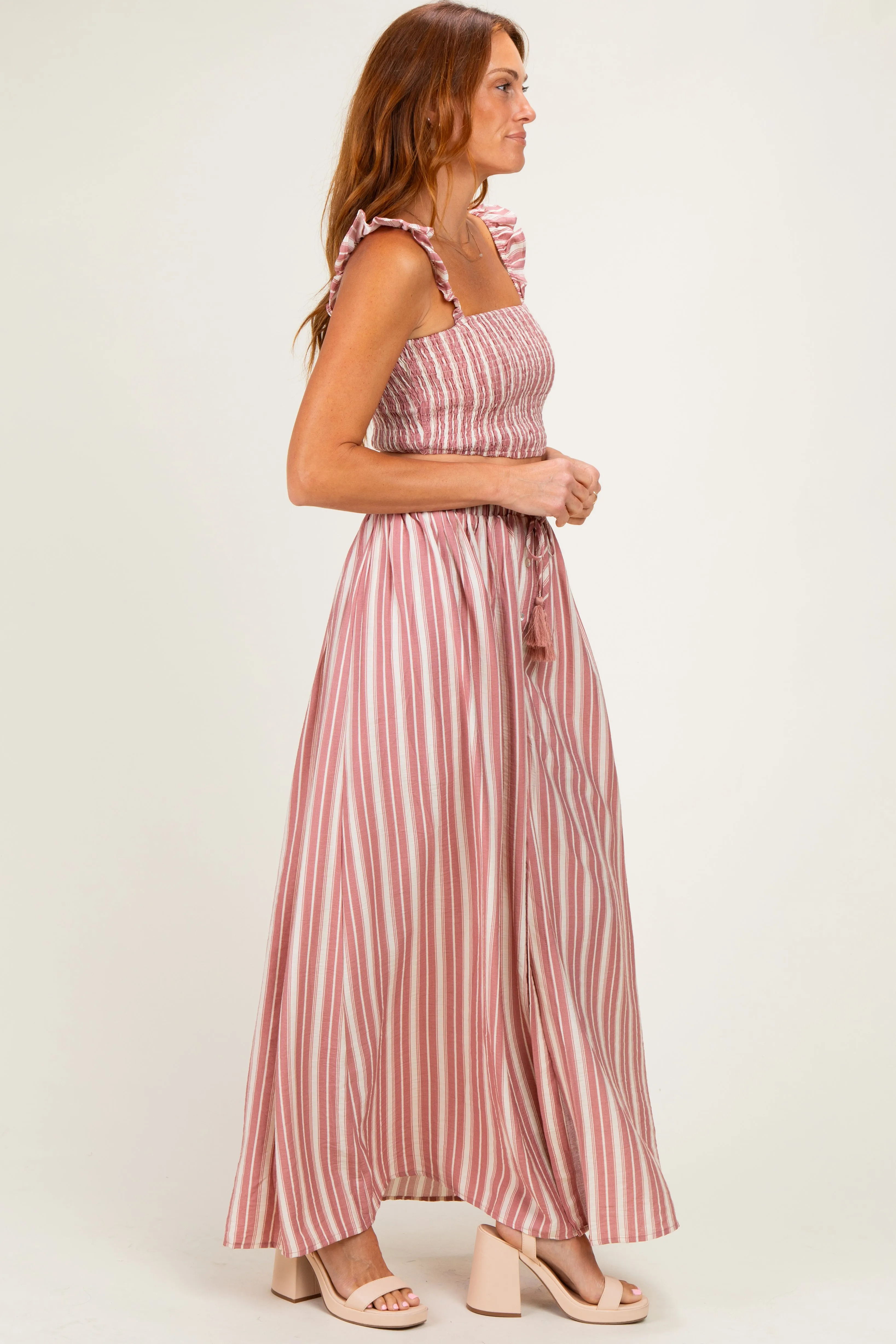 Rose Pink Striped Smocked Crop Top Maxi Skirt Set sold by Pinkblush product image thumbnail 2