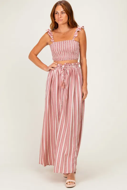 Rose Pink Striped Smocked Crop Top Maxi Skirt Set made by So Me