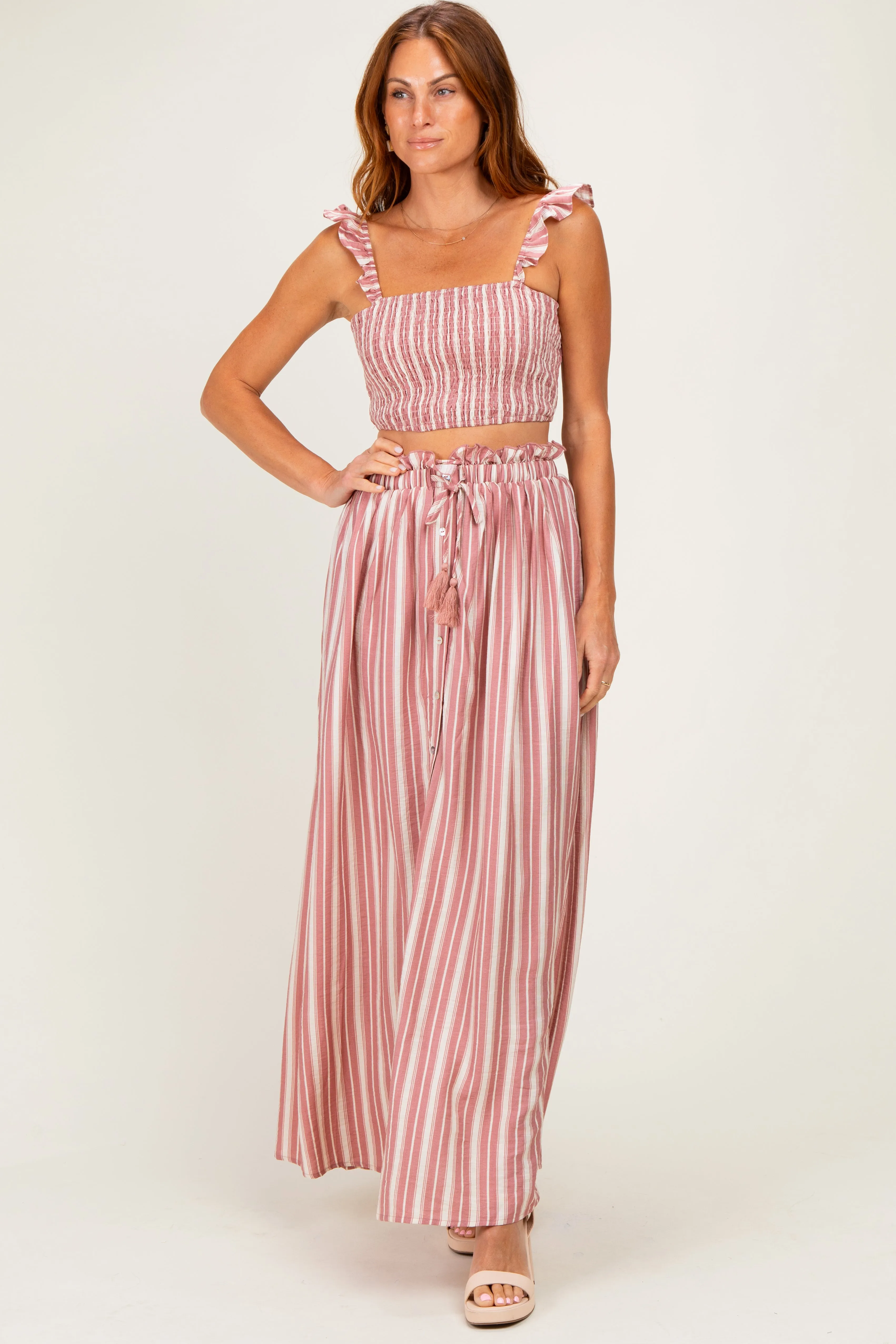 Rose Pink Striped Smocked Crop Top Maxi Skirt Set sold by Pinkblush