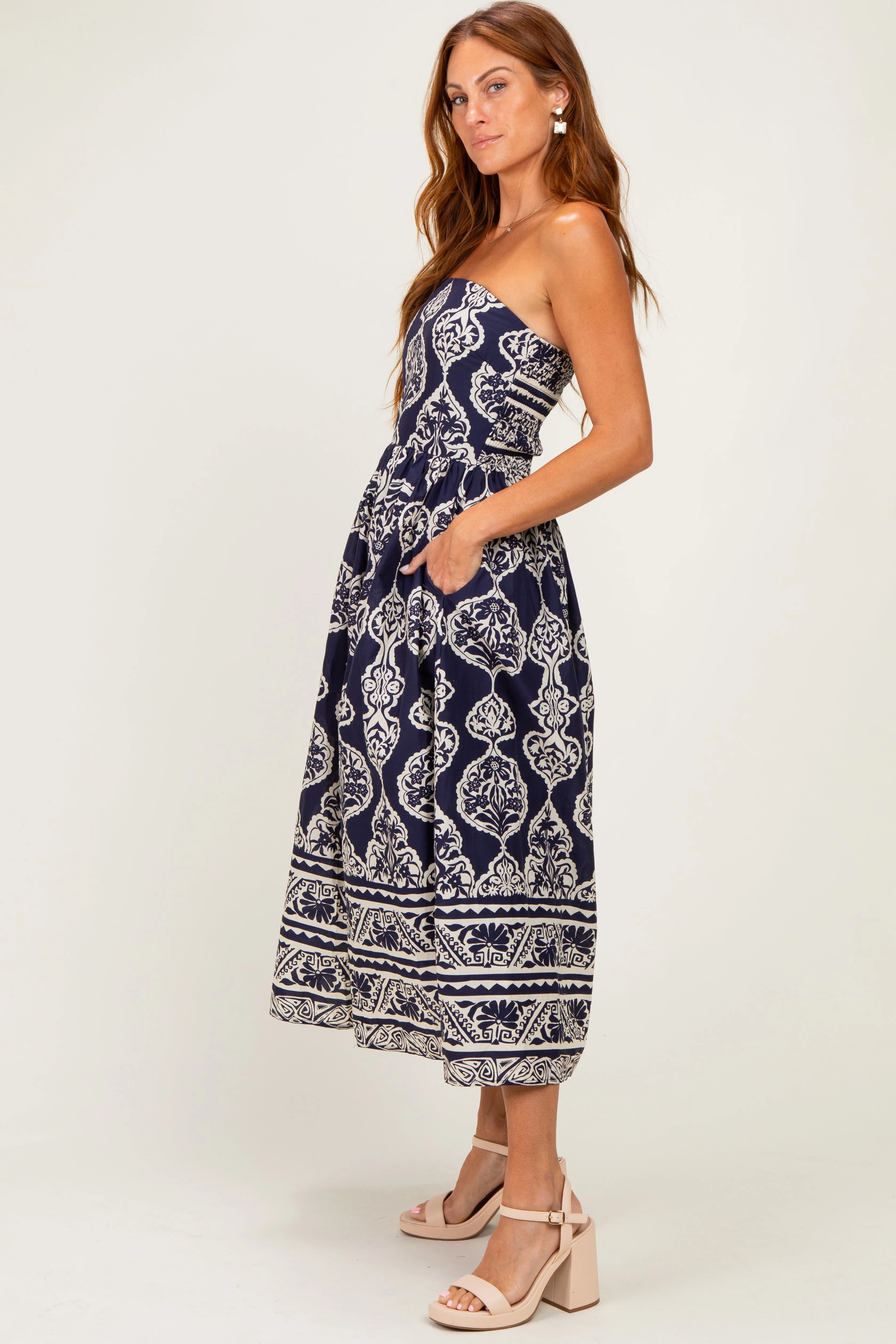 Navy Damask Strapless Midi Dress sold by Pinkblush product image thumbnail 2