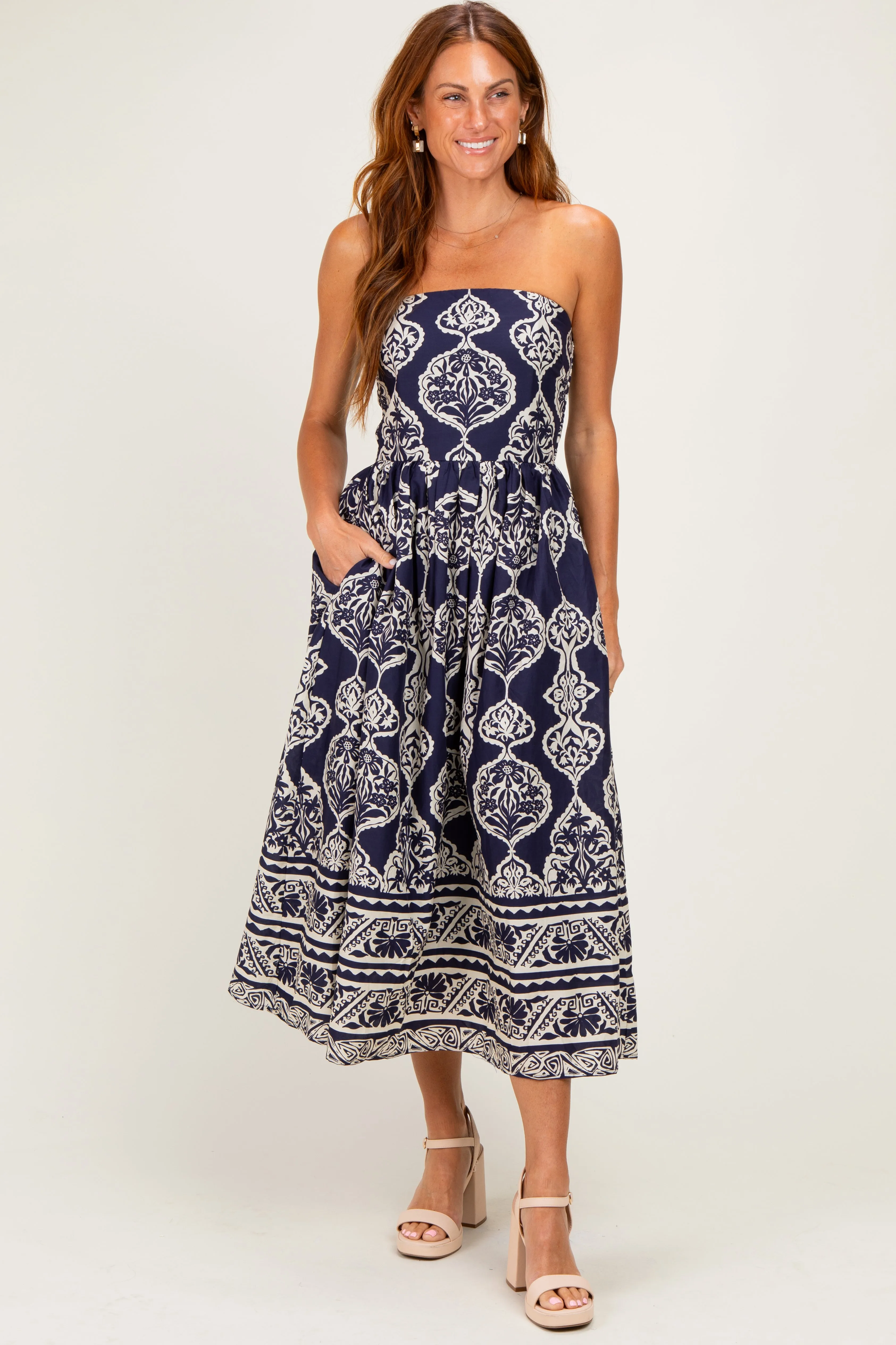 Navy Damask Strapless Midi Dress sold by Pinkblush