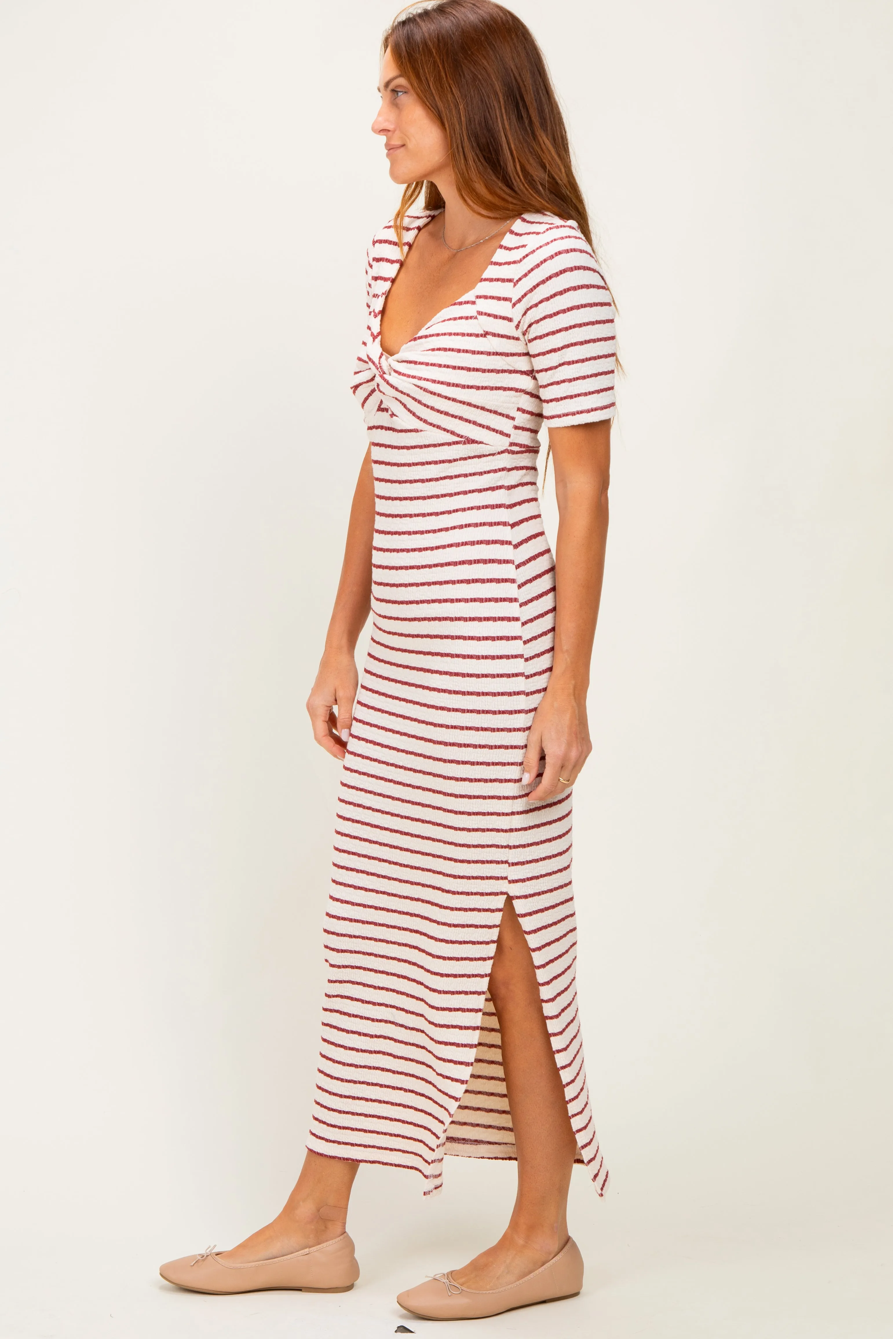 Cream/ Burgundy Striped Knit Short Sleeve Maxi Dress sold by Pinkblush product image thumbnail 2